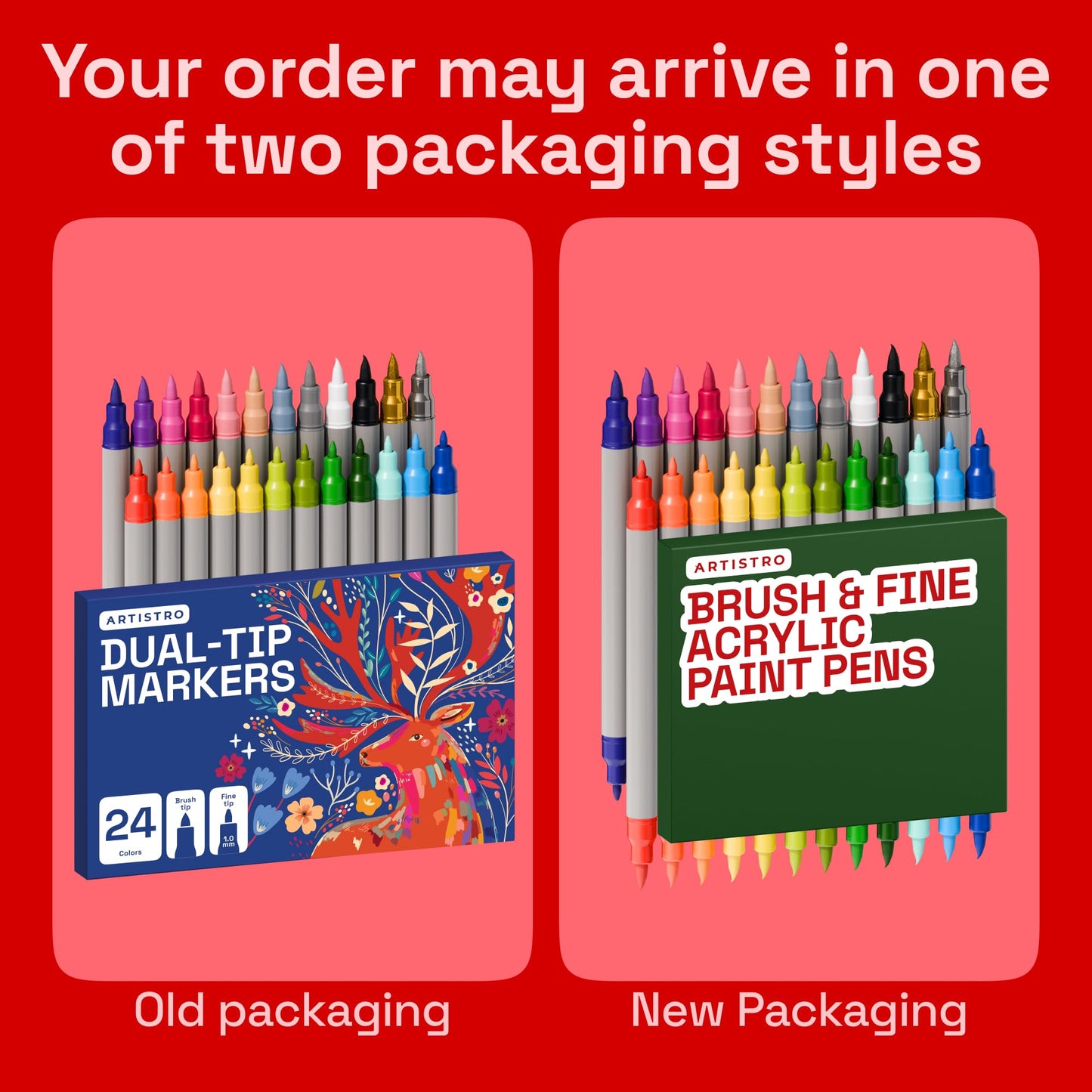 ARTISTRO 24 Acrylic Paint Markers - Paint Pens for Drawing, Brush + Fine Tips - For Fabric, Rock, Glass, Wood, DIY - Art & Craft Supplies for Adults, Teens, Kids - Teacher Appreciation Gift