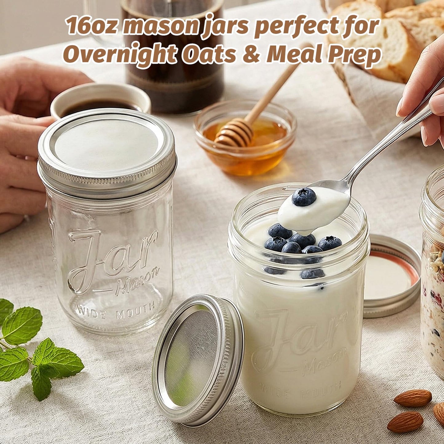 16 oz Wide Mouth Mason Jars with Embossing Pattern, 6 Pack Canning Jars with Volume Marks,Pint Glass Jars with lids for Fermenting,Pickling,Preserving,Meal Prep,Pantry organization,Gift Giving&Crafts