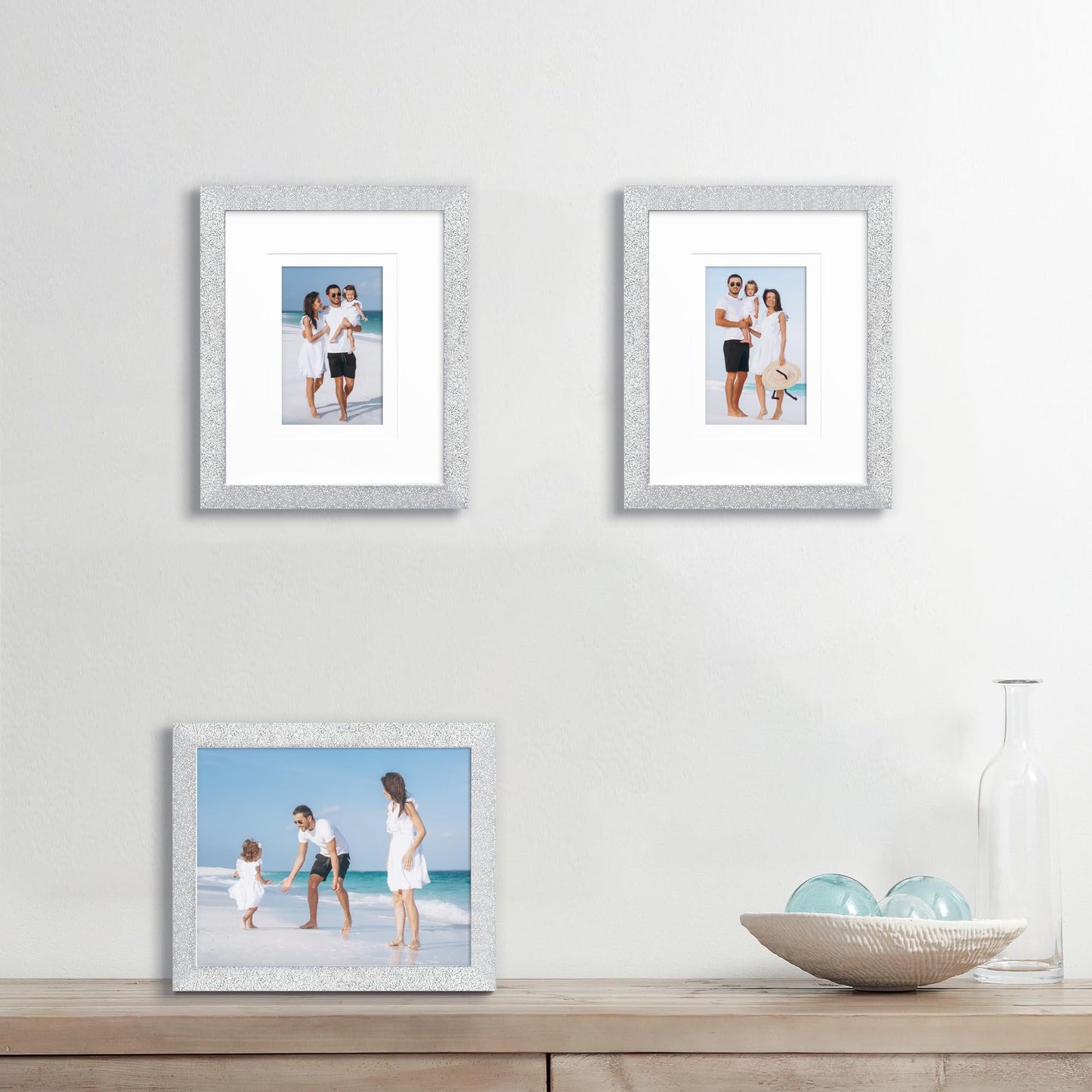 NWDCLF 8x10 Glitter Picture Frame Set of 3, Stylish Sparkling Photo Frames with 5x7/4x6 Mat, Solid Wood and Real Glass for Tabletop or Wall Mount, Cute Home Office Decor, Silver