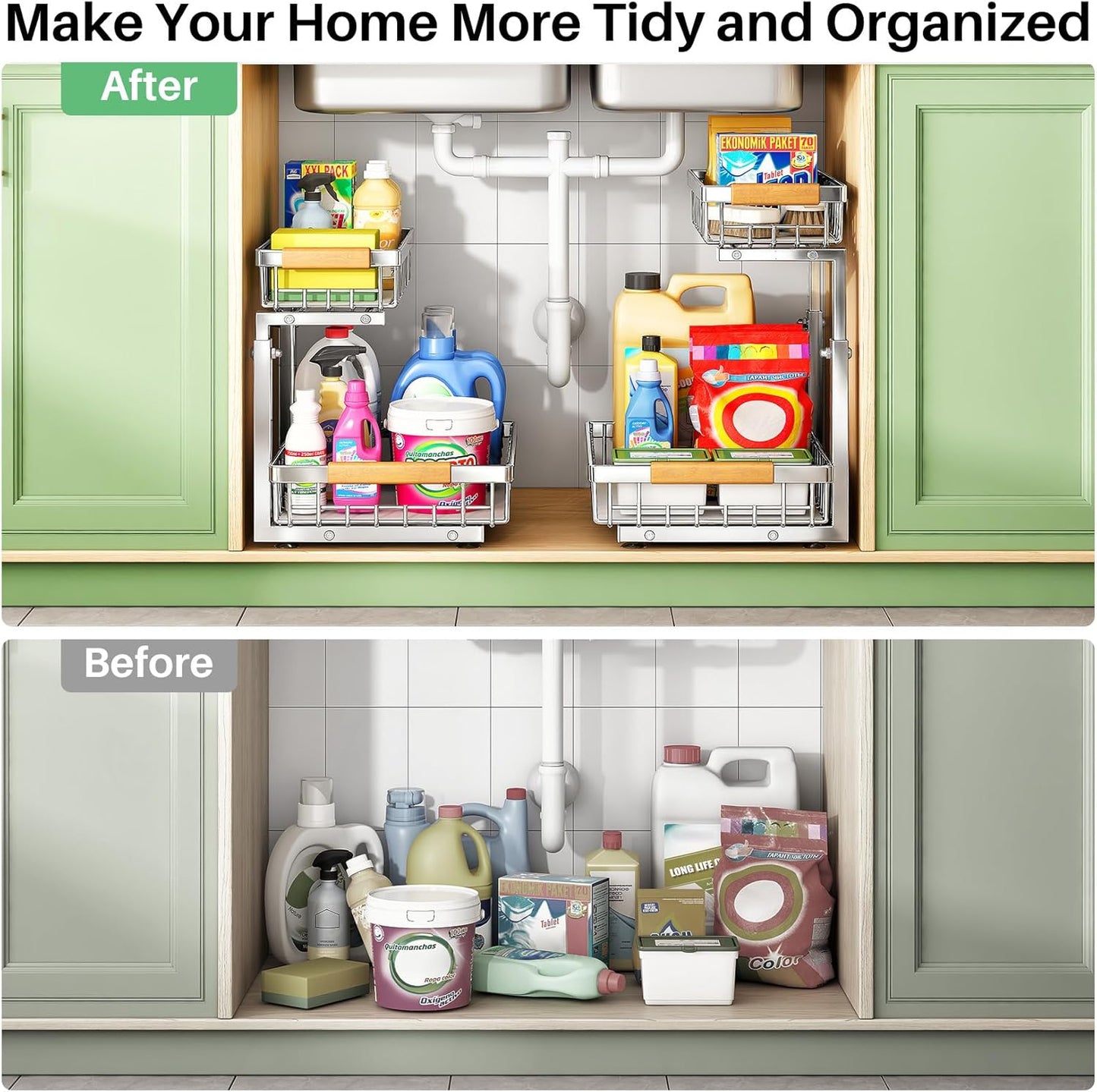 Kitstorack Under Sink Organizer - 2-Tier Metal Sliding Drawer for Kitchen & Bathroom Storage | Silver