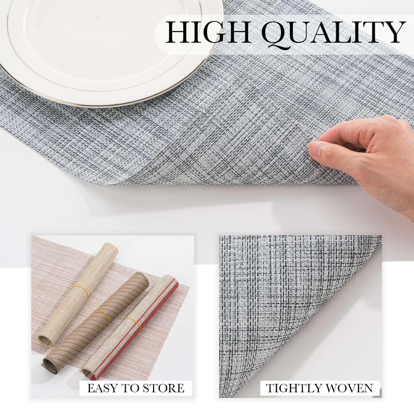 BACKTOEDEN Placemats Set of 6 Heat Resistant Washable Wipeable Placemat Woven Non-Slip Foldable Vinyl/Plastic Place Mats Indoor/Outdoor Mat Kitchen Dining Table Pad, Gray