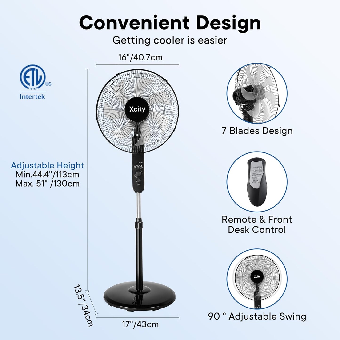 Xcity 16-Inch Oscillating Pedestal Fan - High Velocity, Remote Control, Adjustable Height & Tilt | Quiet Operation for Bedroom & Office, Black