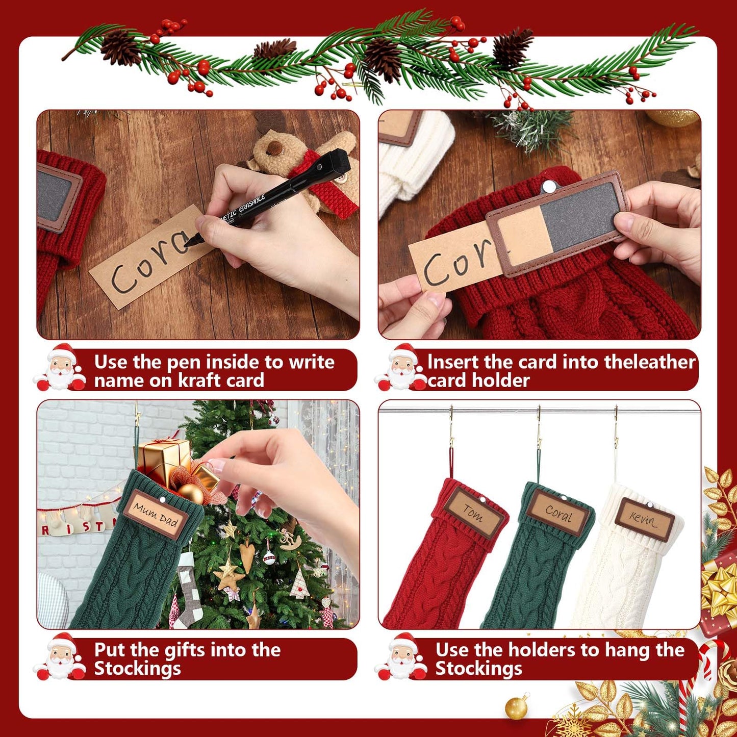 18” Personalized Christmas Stocking with Names, Custom Christmas Stockings Set of 4 with Leather Patches, Large Knitted Christmas Stockings for Kids with Pen & 4pcs Christmas Stocking Holders - 4pcs