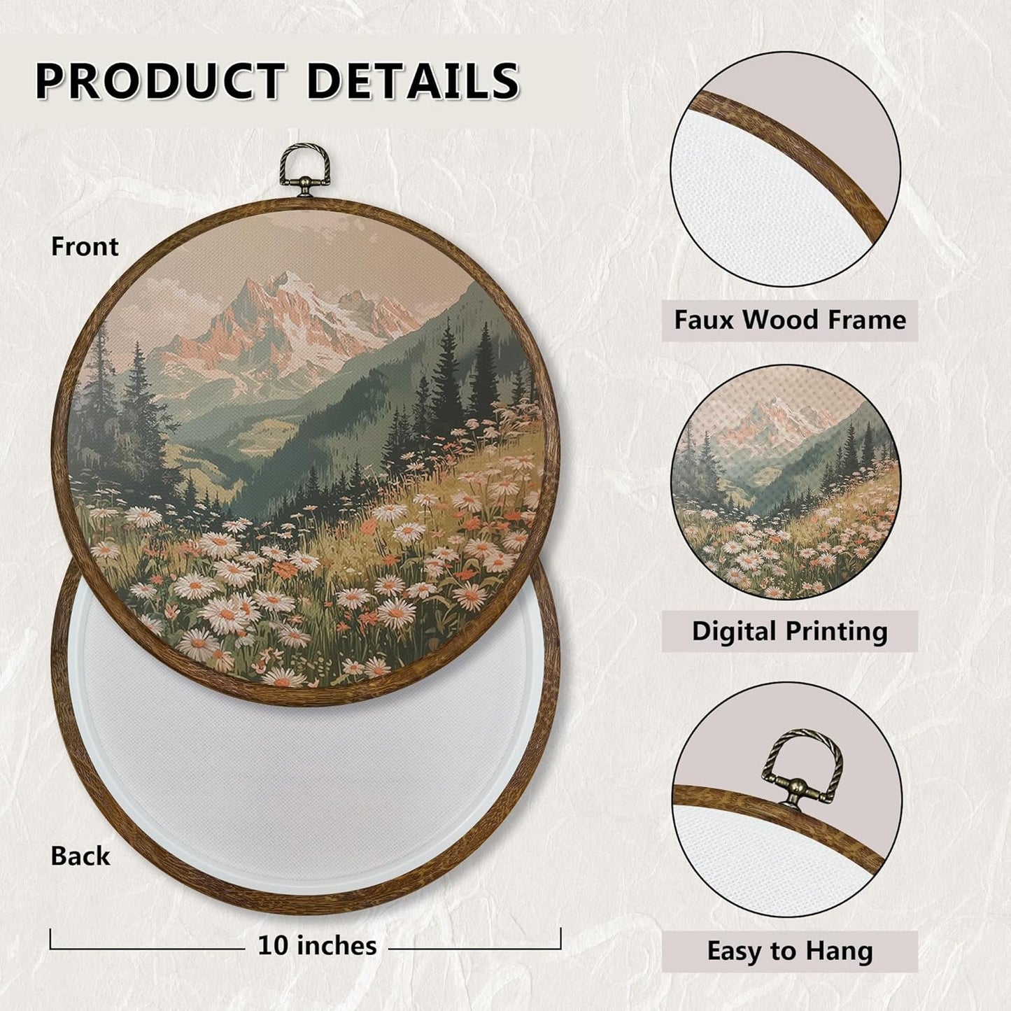 Qskjre Boho Wall Art - Vintage Mountain Flower Landscape Canvas Print | 10x10in Round Wood Frame