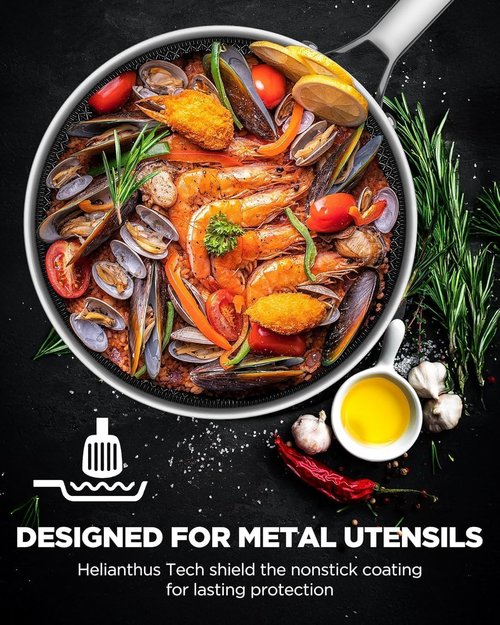 Frying Pans Non Stick, Hybrid Ceramic With Lid, 12 Inch Tri-Ply Stainless Steel Skillet, Non-Toxic, PFAS/PFOA/PTFE Free, Metal Utensil Safe, Dishwasher & Oven Safe