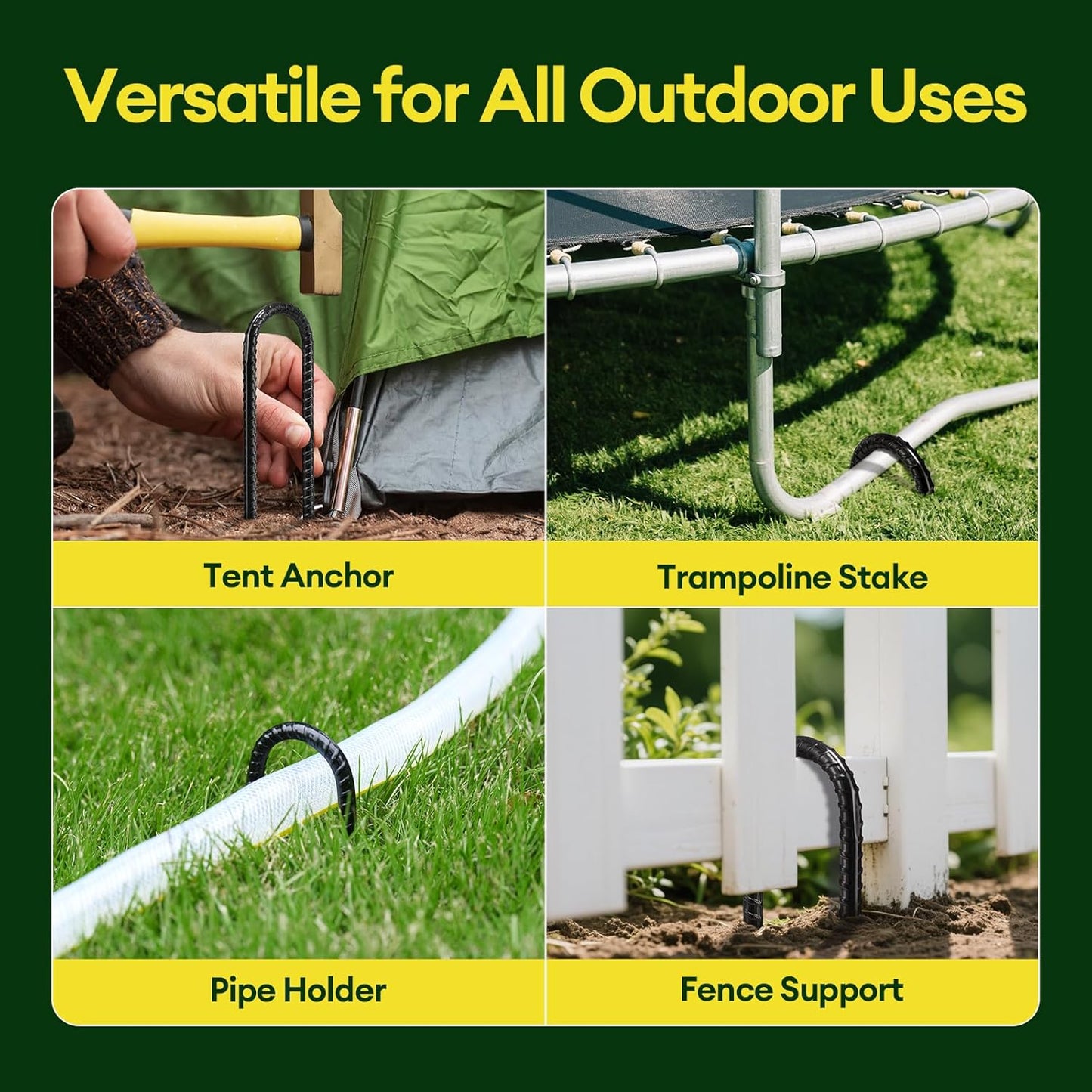 Maygrove 12 Inch Heavy-Duty Rebar Stakes - Galvanized Steel U-Shaped Tent Anchors | 10 Pack, Anti-Rust Black