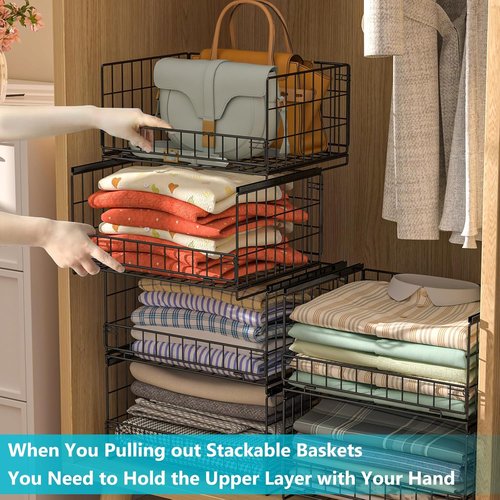 Hongtamoya 4-Tier Closet Organizer - Stackable Storage Shelves for Wardrobe & Bathroom | Black