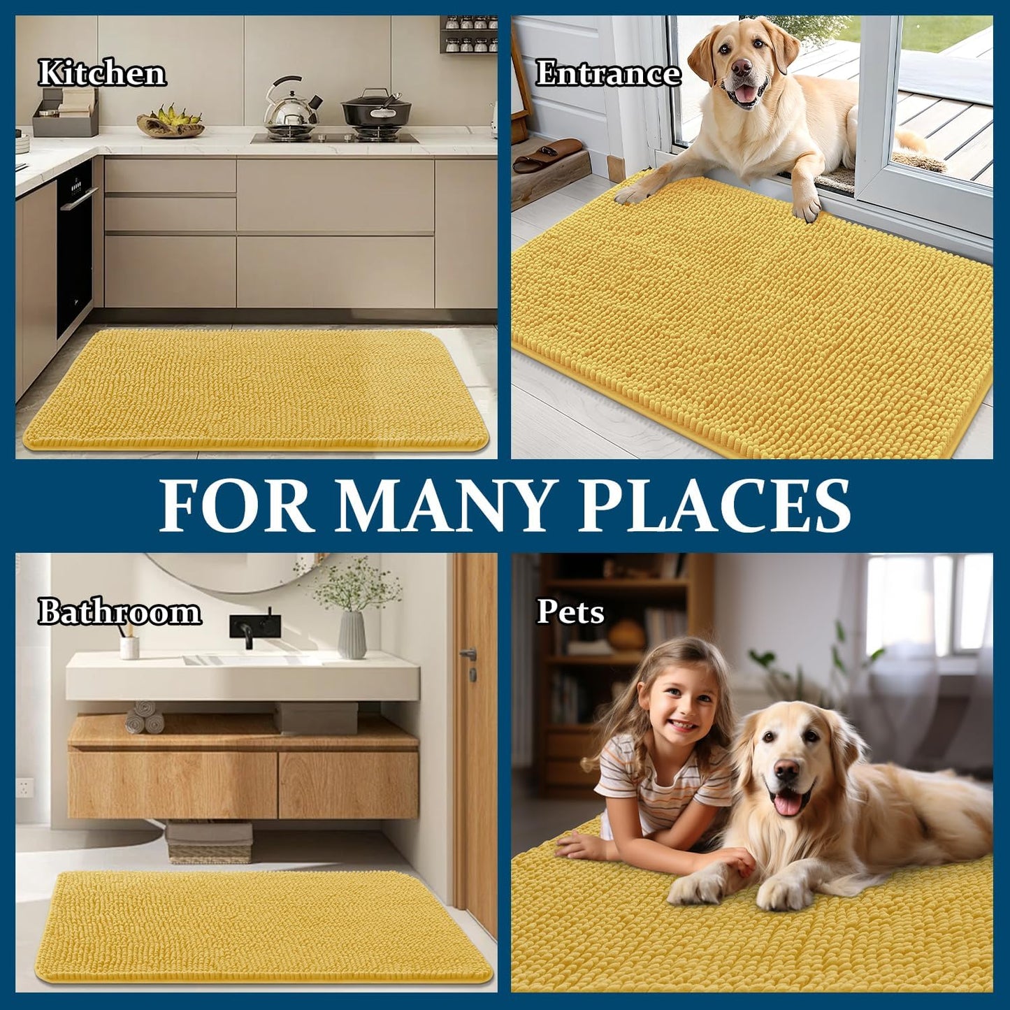 OLANLY Dog Door Mat - Absorbent Non-Slip Washable Chenille Mat for Muddy Paws | 47x32 Yellow
