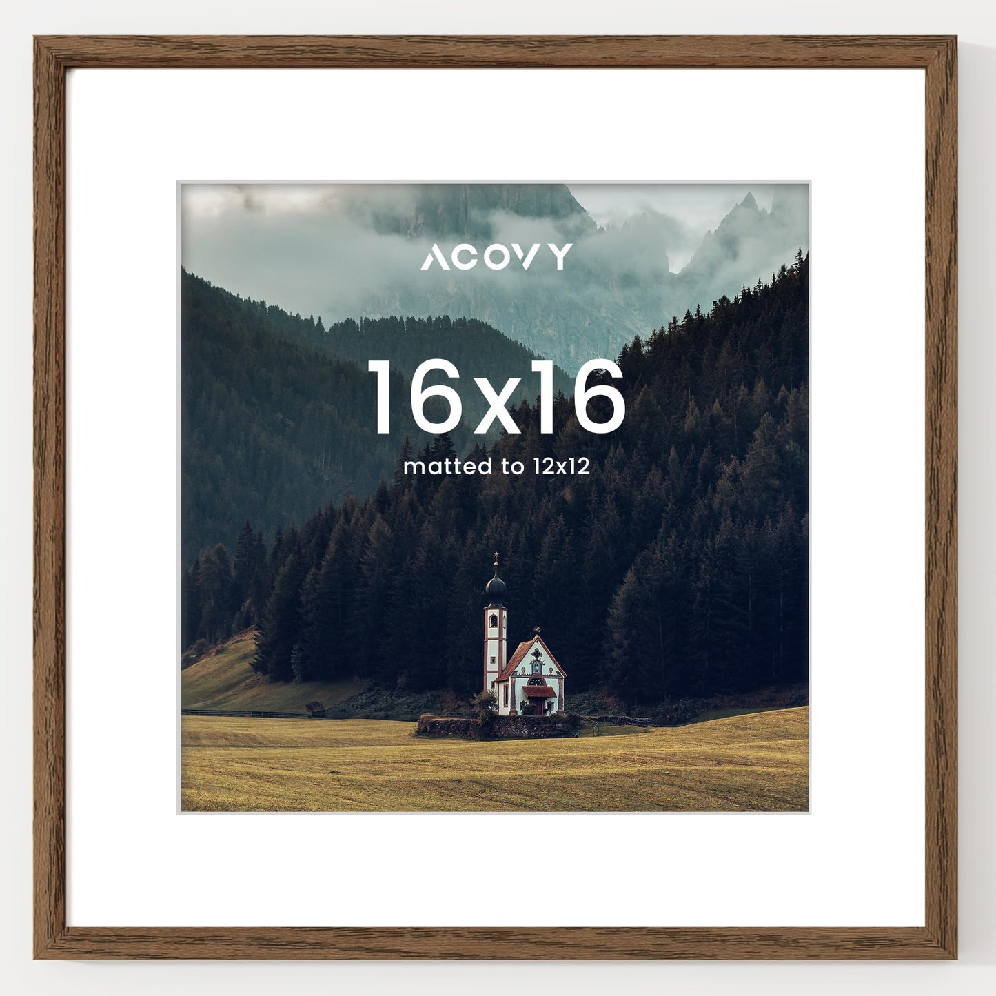 Acovy 16x16 Picture Frame, 16x16 Square Picture Frame for Wall, 16x16 Frame Matted to 12x12, 16x16 Photo Frame with High Definition Plexiglass (Walnut, 1 Pack)