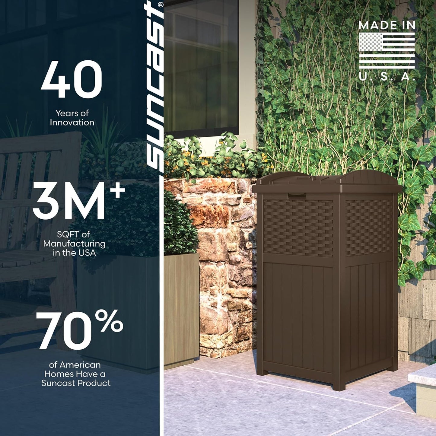 Suncast 33 Gallon Outdoor Trash Can - Lid Included for Garage, Backyard & Garden - Brown