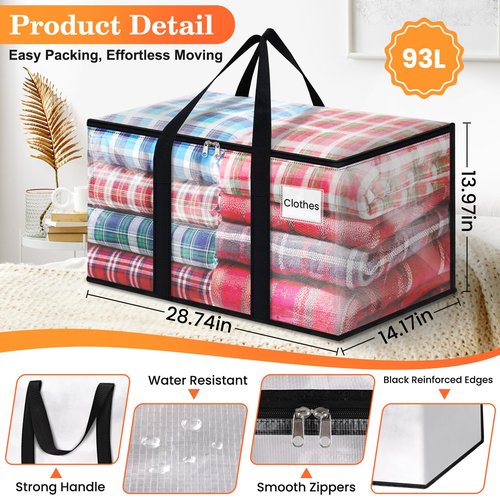 EpicTotes Extra Large Heavy Duty Moving Bags, Storage Bags with Strong Zippers & Handles, Packing Bags for Moving Essentials, Ideal Storage Tote for Home, Dorm & Storage Solutions, 93L, 8 Packs, Clear