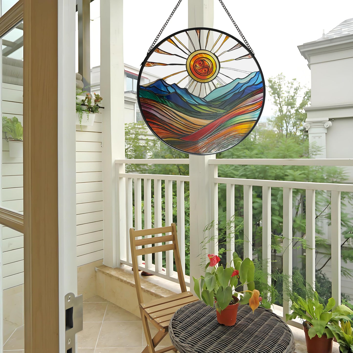 ZUSANG Sun Mountains Stained Glass Window Hanging, 9.8’’Sun Catcher Glass Panel Boho Wall Art Decor with Chain, Hand Painted Round Glass Gifts for Couples, Housewarming Gift