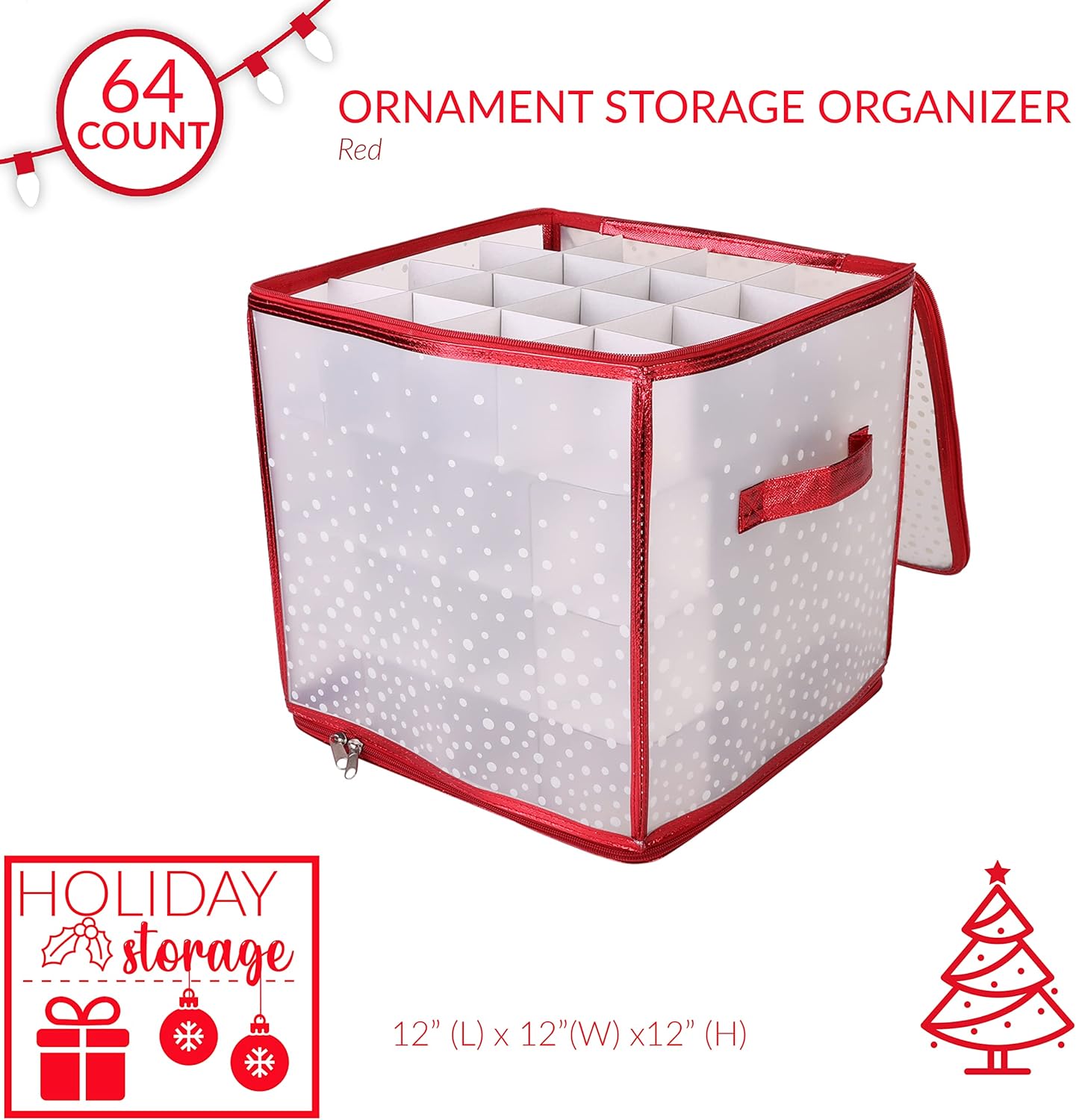 Ornament Storage Organizer for 112 Ornaments | Zipper Closure | Space-Saving Red Design