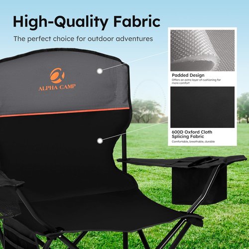 ALPHA CAMP Heavy Duty Camping Chairs - 350LBS Capacity with Cooler Bag & Cup Holder | Portable Black 2PC Set