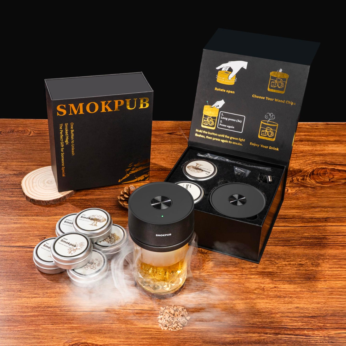 SMOKPUB Electric Whiskey Smoker Kit Built-in Lighter, No Butane Needed, Rechargeable Cocktail Smoker Kit with 6 Wood Chips, Old Fashioned Drink Smoker Kit, Bourbon Whiskey Gifts for Men,Dad,Husband