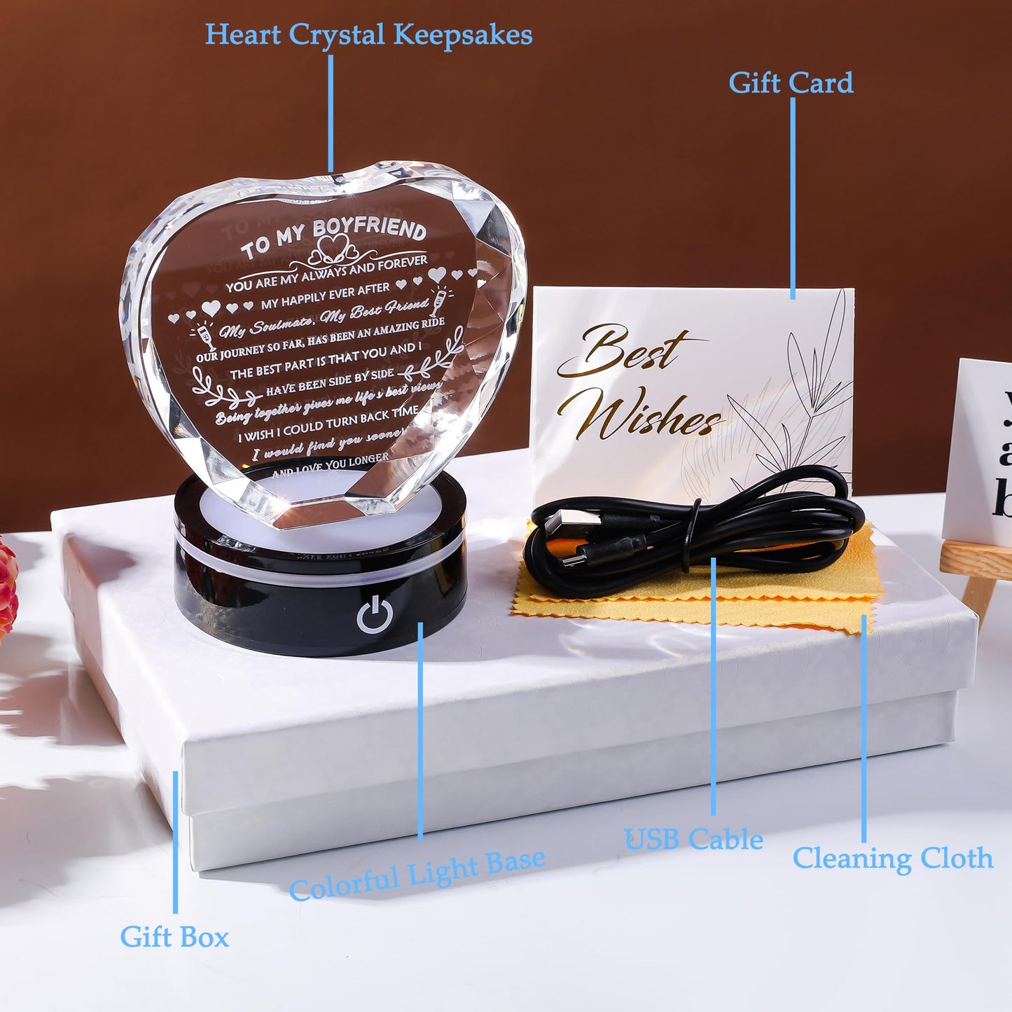YWHL Gifts for Boyfriend with Colorful LED Base Unique Boyfriend Birthday Gift Ideas from Girlfriend Romantic Heart Crystal Keepsakes to My Boyfriend Gifts for Anniversary Christmas Valentine Day