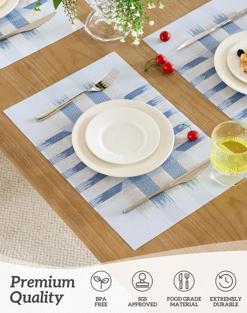 Leetaltree Geometric Print Blue Placemats Set of 12 - Heat Resistant Non-Slip Place mats for Dining Table, Washable Durable PVC Vinyl Woven Table Mats (Geometric Blue, 12)
