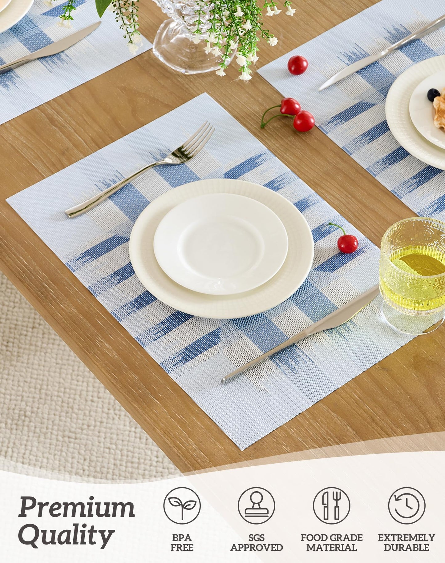 Leetaltree Geometric Print Blue Placemats Set of 12 - Heat Resistant Non-Slip Place mats for Dining Table, Washable Durable PVC Vinyl Woven Table Mats (Geometric Blue, 12)