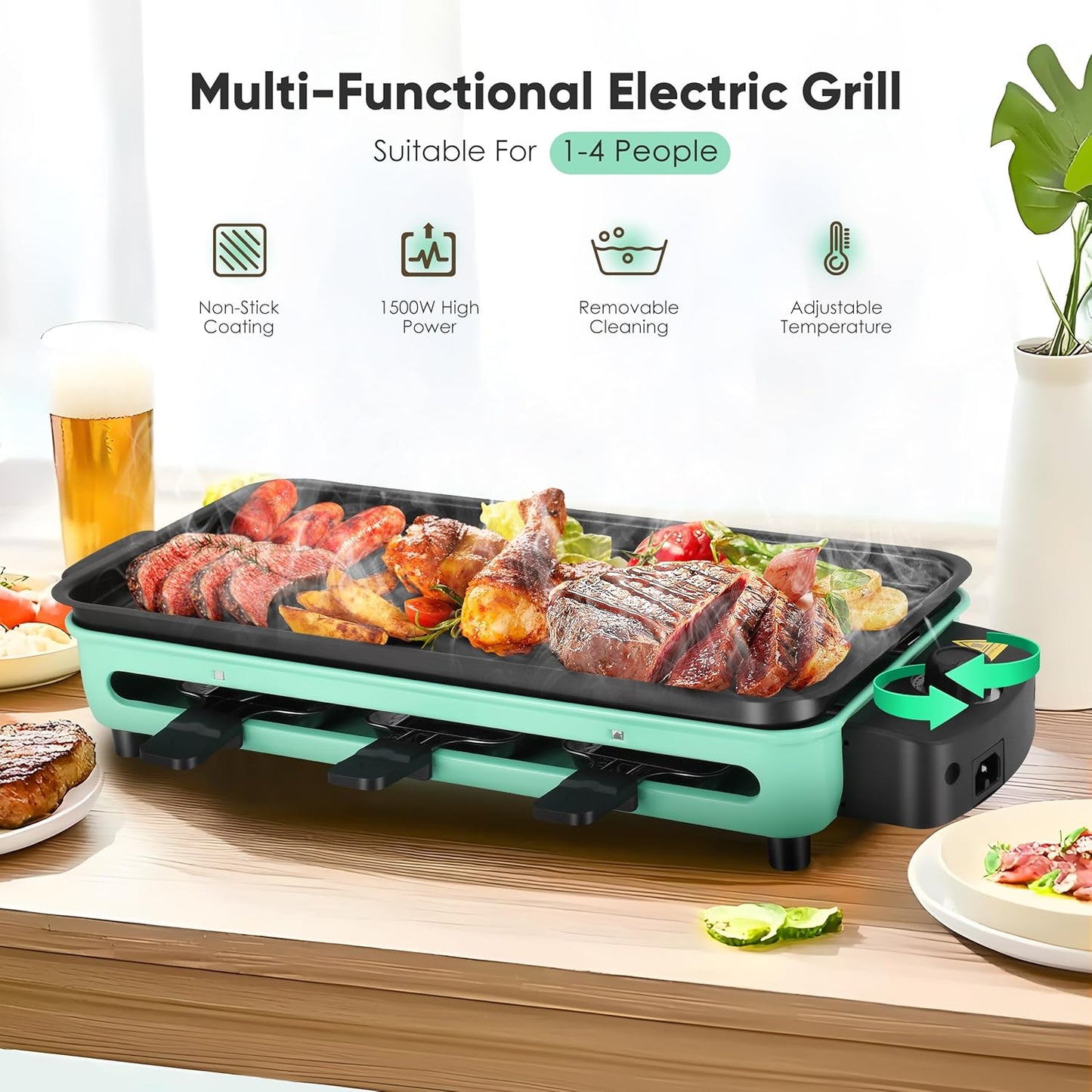 Electric Indoor Grill, 1500W Portable 2 in 1 Indoor Raclette Table Grill Korean BBQ Grill with Grill Net & Non-Stick Cooking Removable Plate, Adjustable Temperature Control, Dishwasher Safe