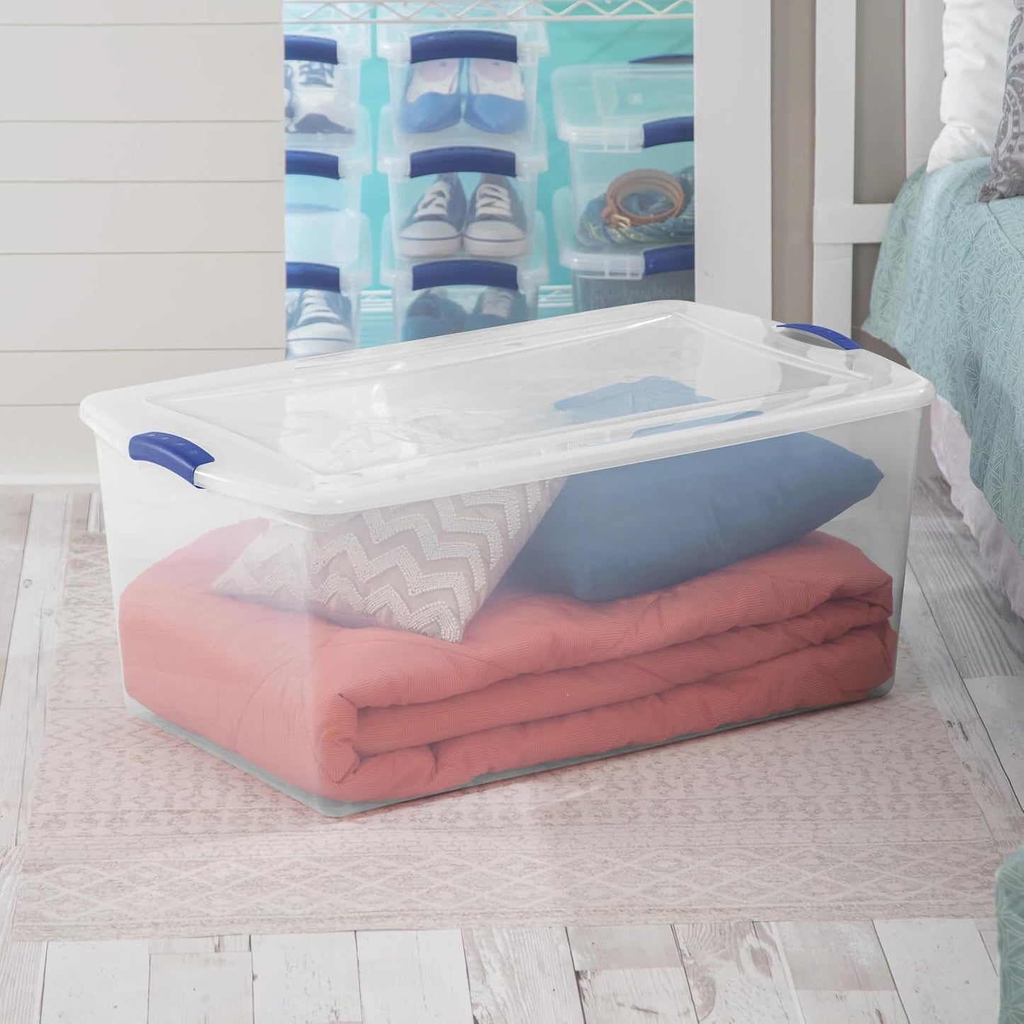 Regine Switzerland 105 QT Transparent Storage Box - Stackable with Blue Lock Mechanism | Ideal for Seasonal Clothing & Garage Organization