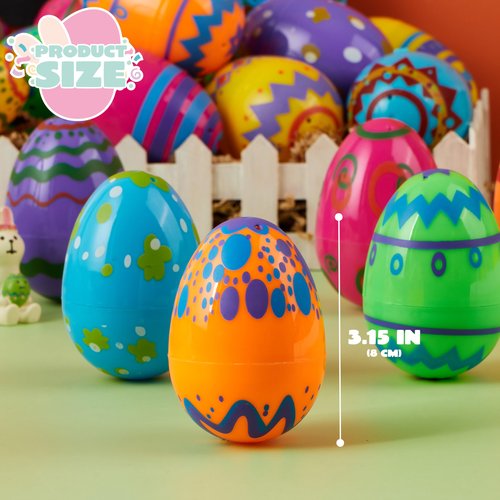 JOYIN 18PCS 3.15" Printed Easter Eggs, Empty Fillable Colorful Plastic Eggs Bulks for Easter Hunt, Basket Stuffers Filler, Classroom Prize Supplies