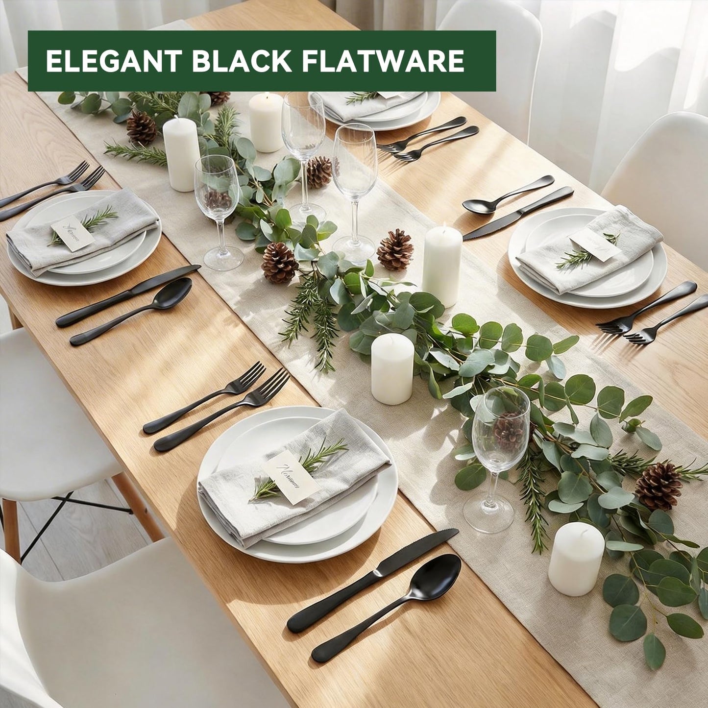 JUNLIN 49 Pieces Black Silverware Set with Steak Knives, Stainless Steel Silverware with Organizer Flatware Utensils Set for 8, Forks and Spoons Silverware Set Cutlery Set