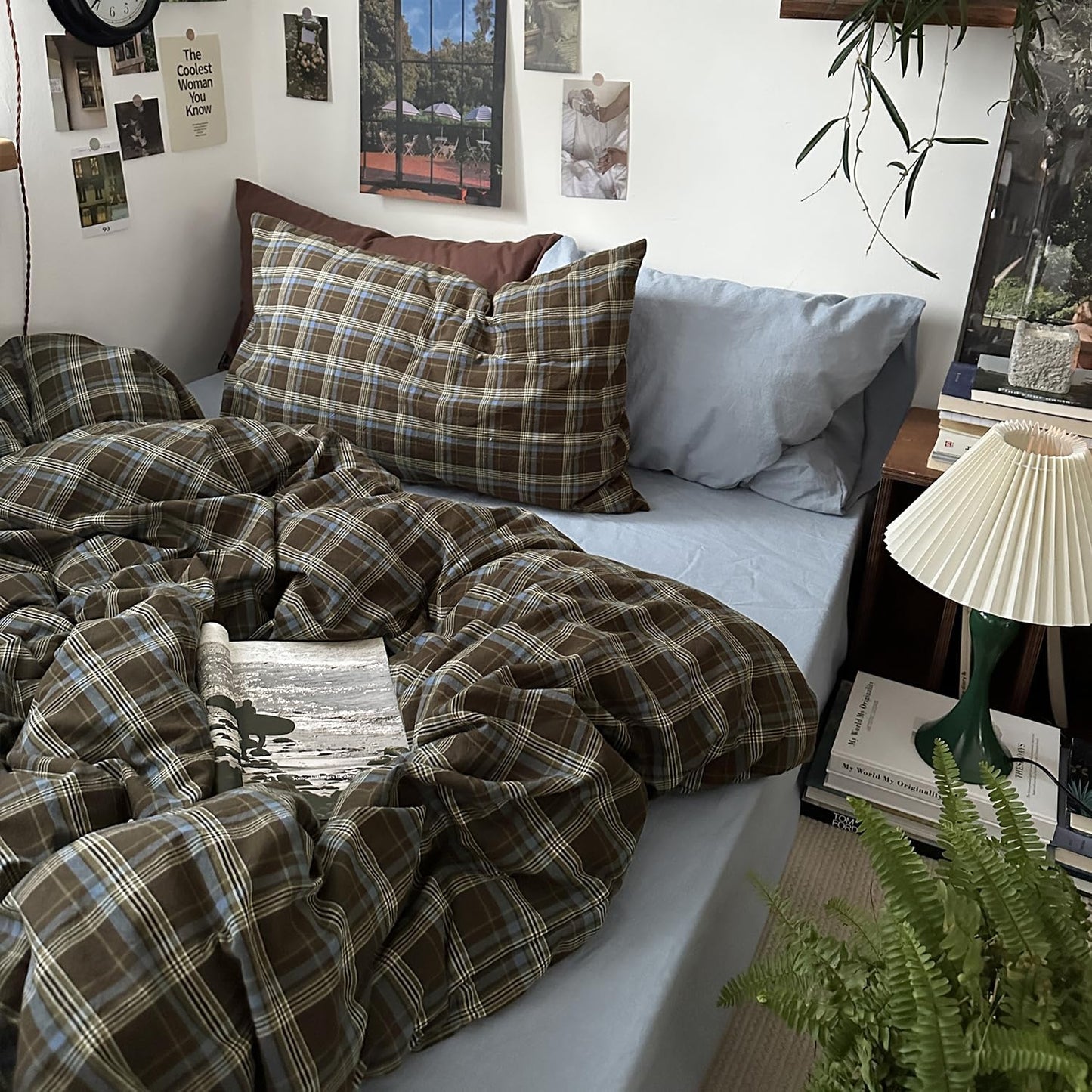 Mixinni Vintage Buffalo Plaid Duvet Cover Set | Soft & Breathable 3-Piece Queen Size Bedding in Brown & Blue