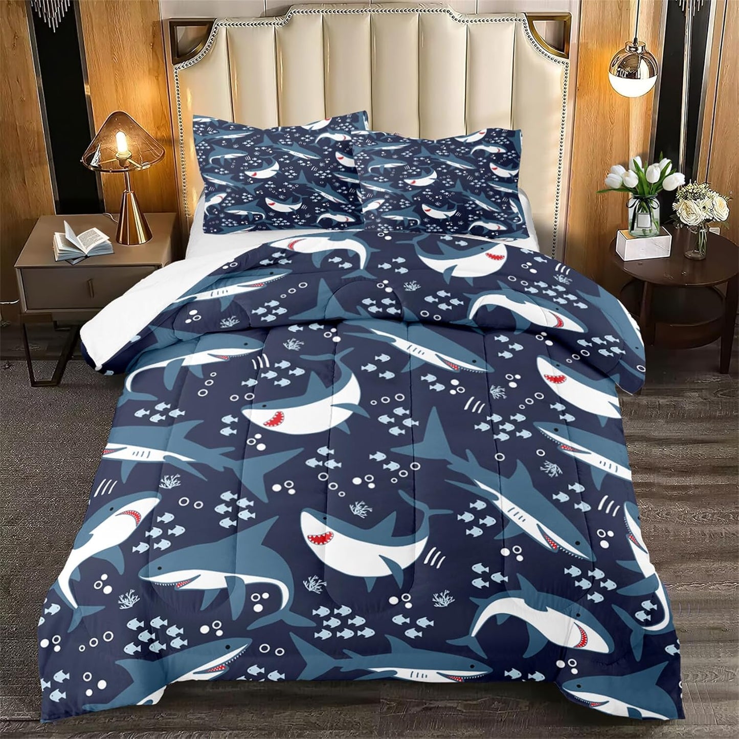 Cute Cartoon Dinosaur Bedding Set, Ultra Soft Full Size Comforter Set for Boys, Lovely Dinosaur Printed Comforter for Kids Teens, Dark Blue Microfiber Quilt for All Season 3Pcs with Pillowcases