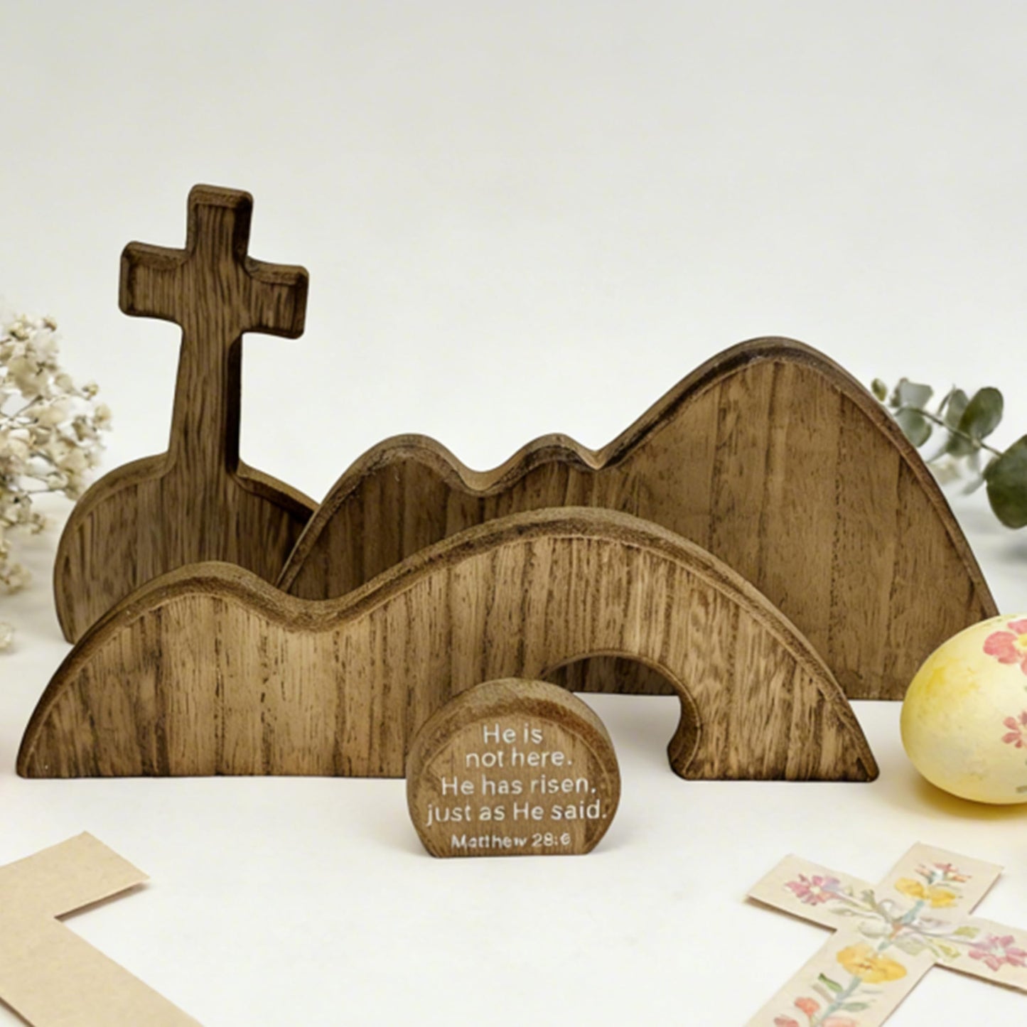 FESTGLOX Wooden Empty Tomb Set with Cross, Empty Tomb Easter Scene for Christian Decoration, Wooden Easter Resurrection Scene for Religious Display, Home Office Tabletop Tray, Church, Shelf Decor
