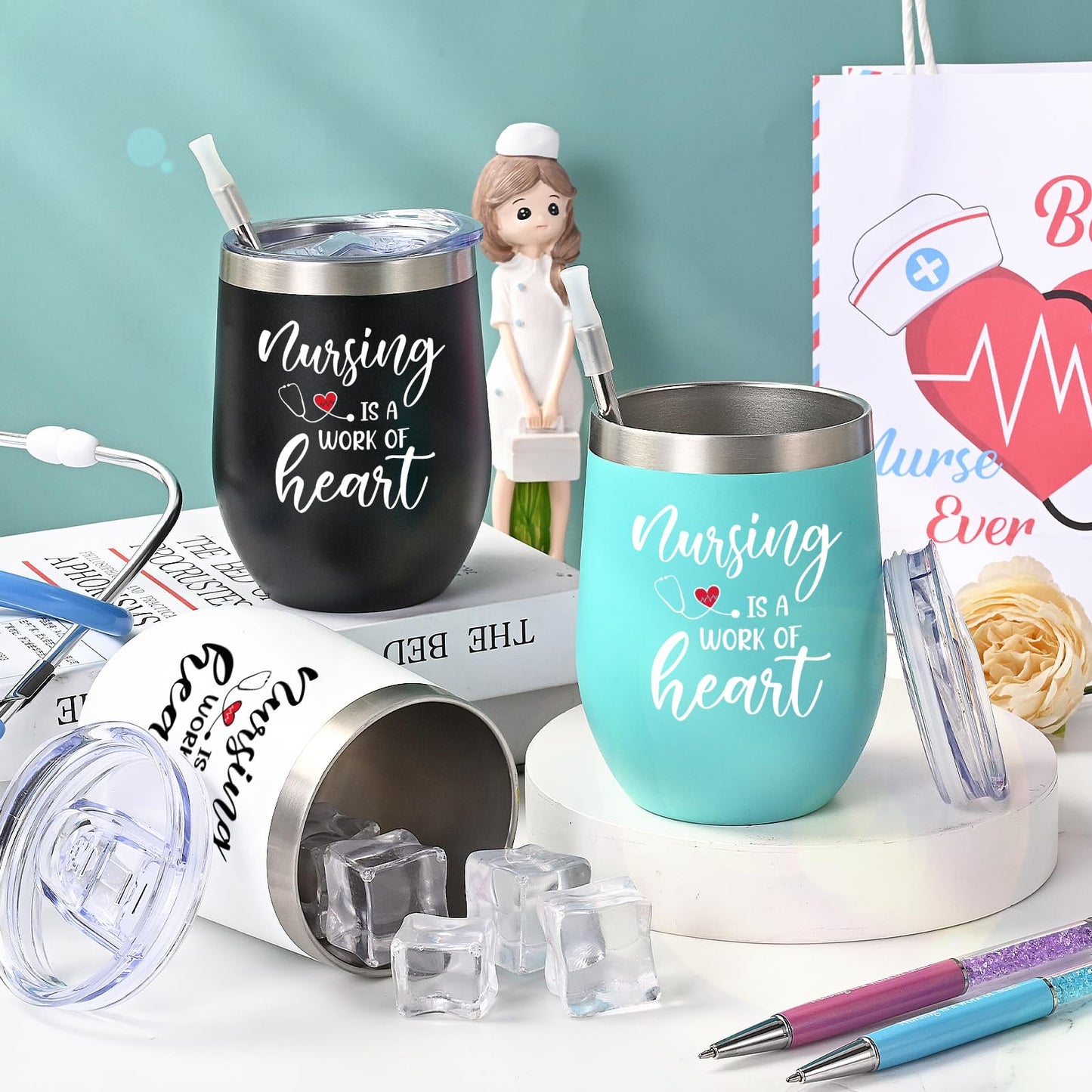 Lifecapido Nurse Gifts, Nurse Week Gifts, Nursing is a Work of Heart 6 Pack Insulated Wine Tumbler, Nurse Gifts Bulk with Key Chain Paper Bags, Appreciation Graduation Retirement Gifts for RN Nurse