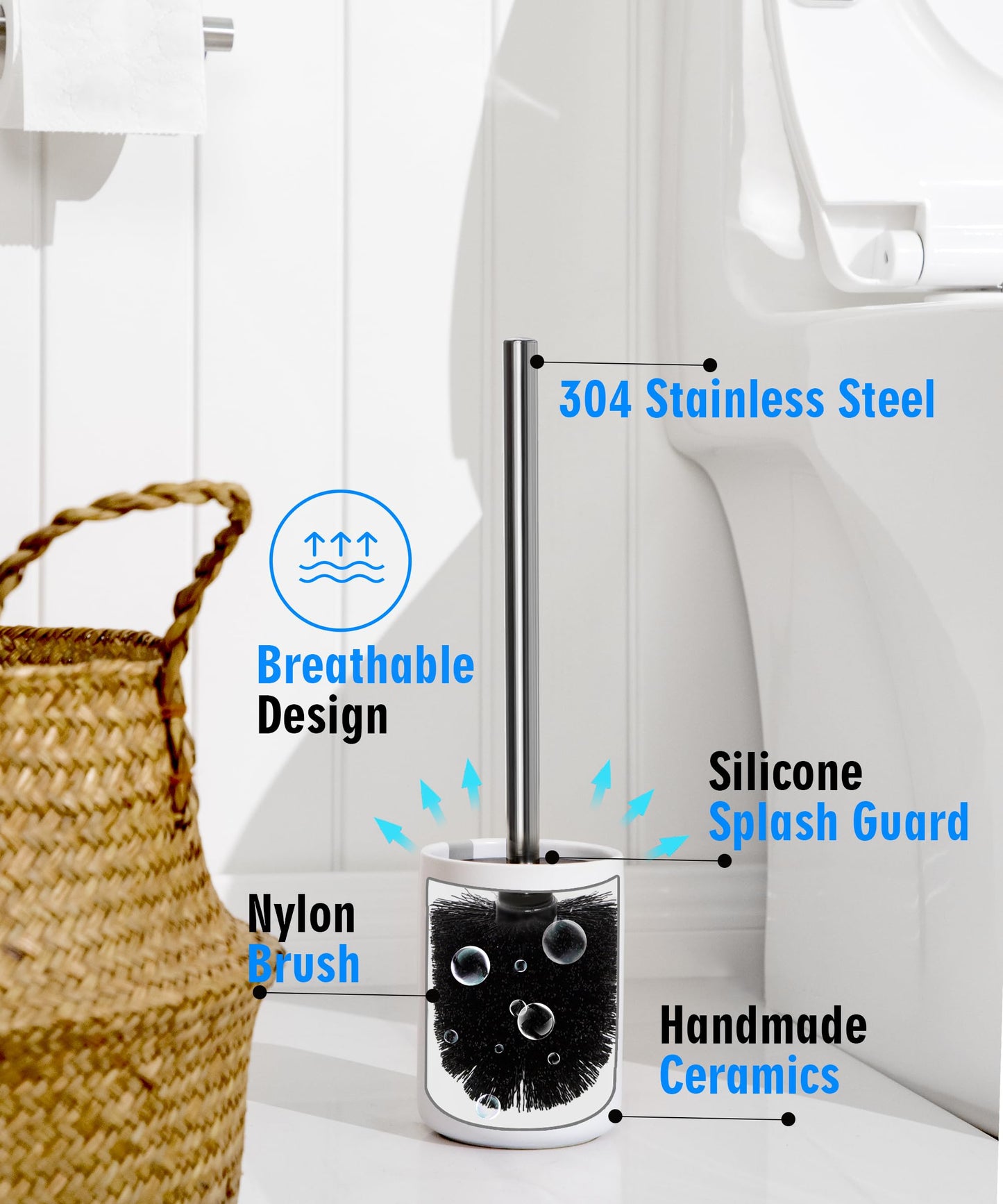 Viosuniu Ceramic Toilet Brush & Holder Set - Freestanding Deep-Cleaning Toilet Bowl Cleaner Brush, Stainless Steel Handle, Small & Sturdy for Storage, Easy to Clean, Non-Scratching, Rust-proof (Set/2)
