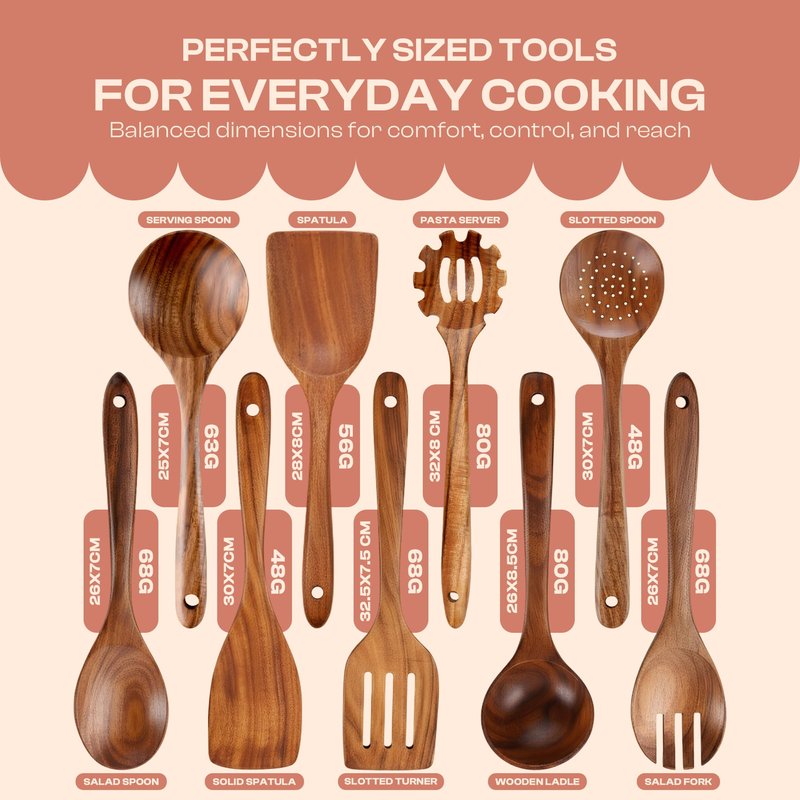 Sizle Masters 9-Piece Wooden Spoons for Cooking – Premium Teak Wood Utensil Set – Ergonomic Comfort-Grip Wood Tools Non-Stick Cookware Safe Easy to Clean Heat Resistant