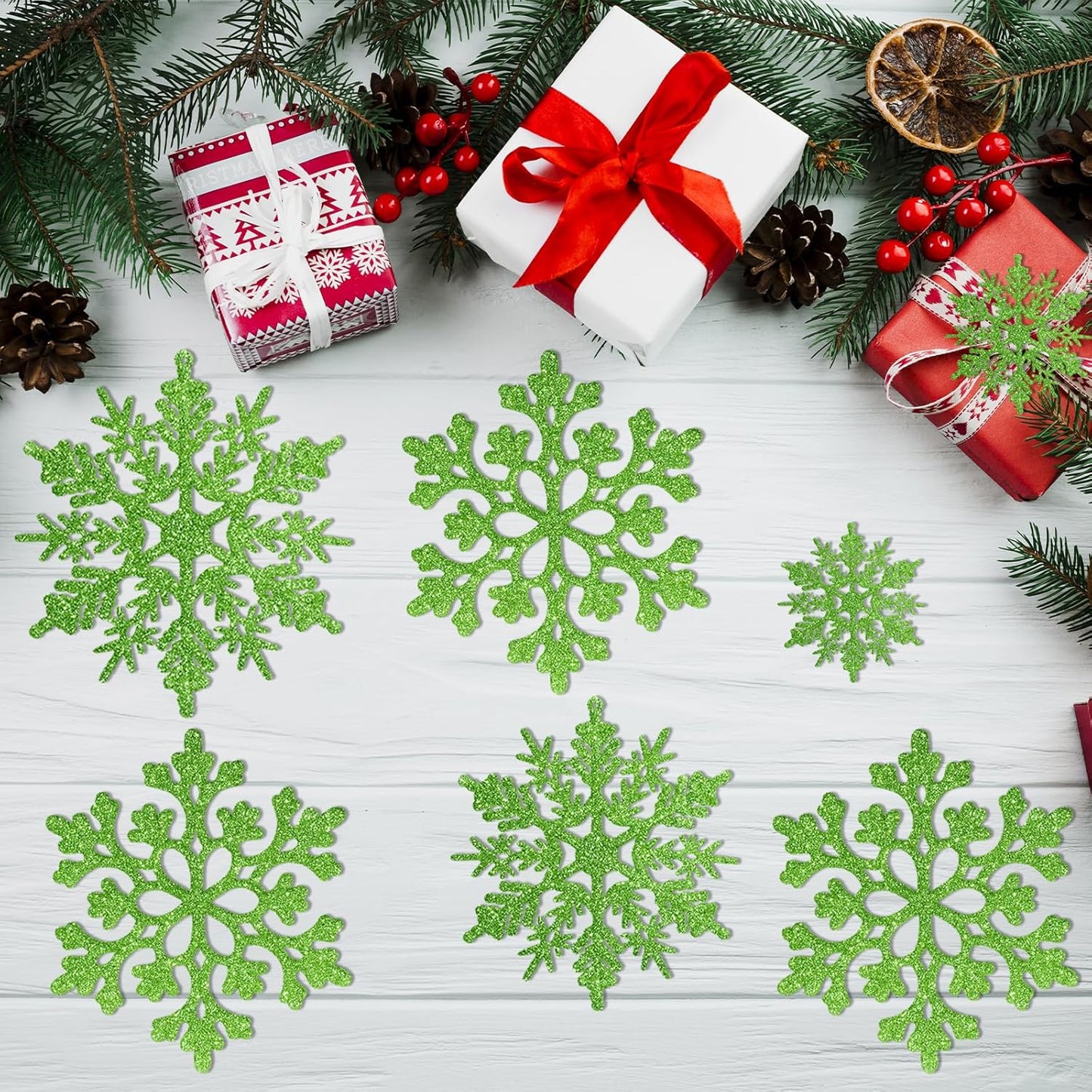 Skiennix 36-Piece Christmas Lime Green Snowflake Ornaments - Festive Hanging Decor for Winter Wonderland