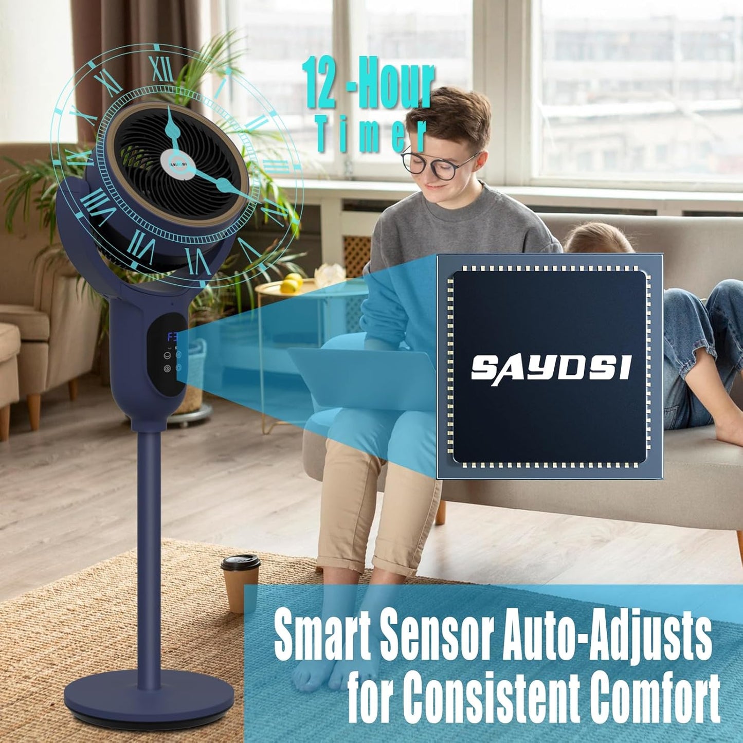 Skiennix Oscillating Tower Fan - 90° Auto Cooling Pedestal Fan for Home & Office | Blue Finish
