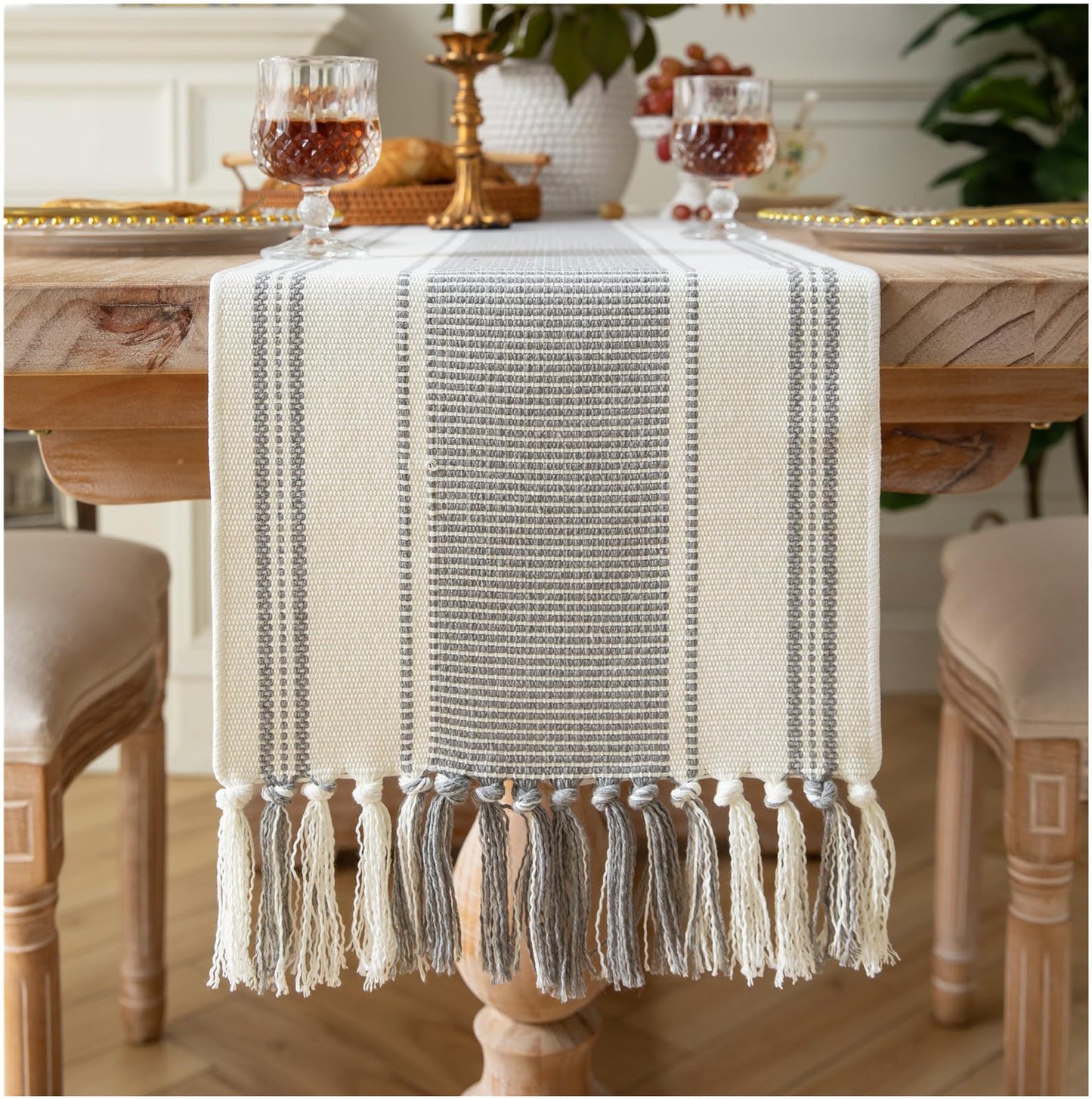 Caflife Boho Table Runner Grey Stripe for Modern Farmhouse Coffee Table Decor, Rustic Woven Runner with Handcrafted Tassels for Home Dining Table décor 13 x 108 Inch Long