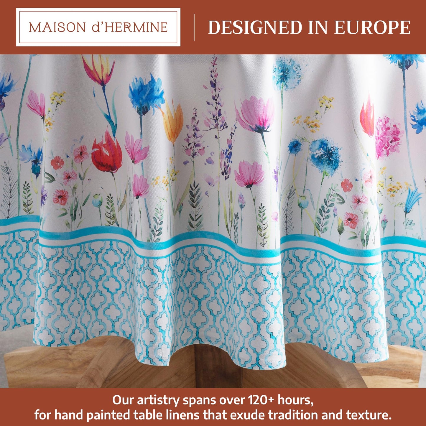 Maison d' Hermine Table Cloth Round Table 100% Cotton 63 Round Inches Tablecloth Reusable Decorative for Dining Kitchen Room Farmhouse Home Gifts for Mothers Day Spring Summer - Flower in The Field