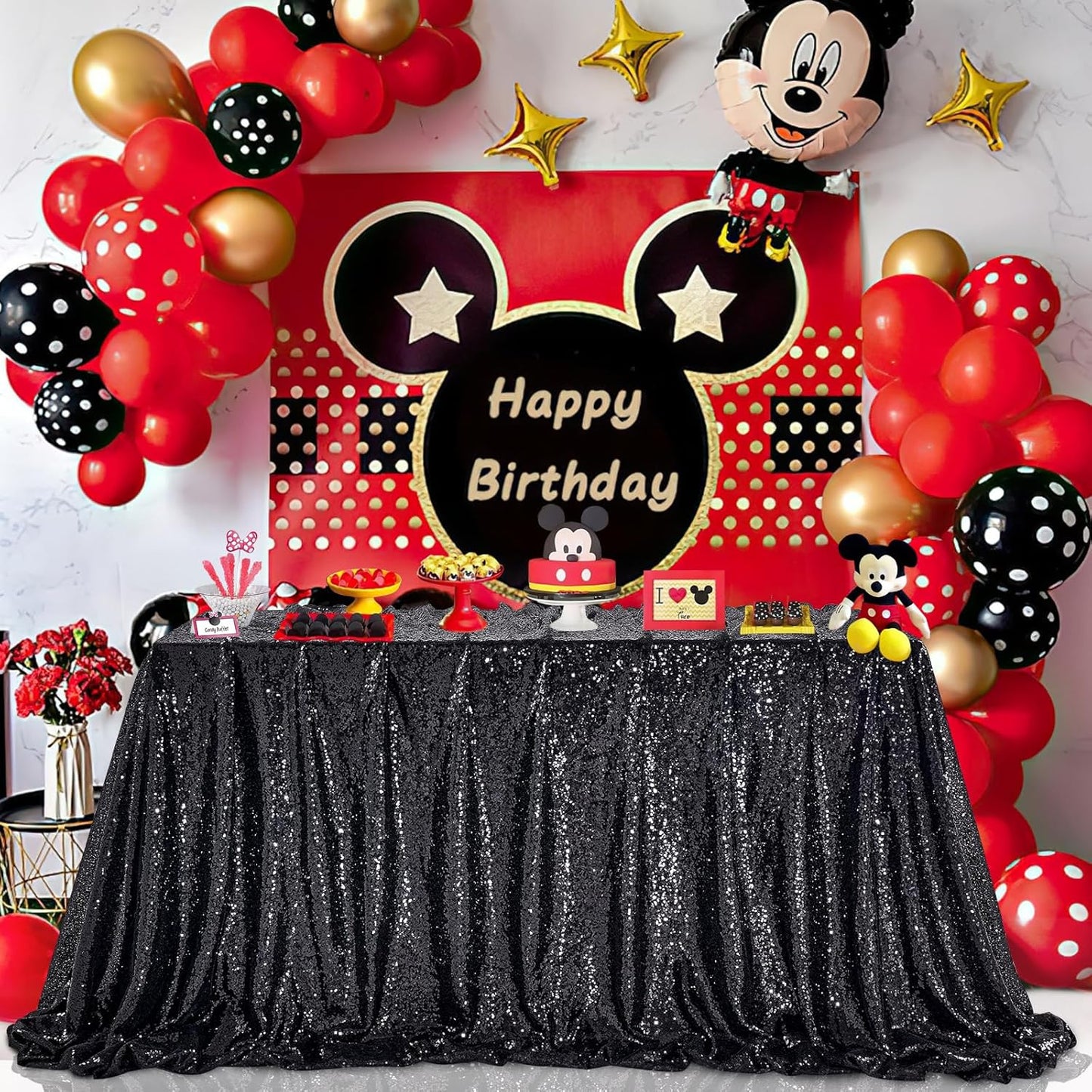 Black Sequin Tablecloth 60” x 102” - Elegant Rectangle Glitter Table Cover for Weddings & Parties