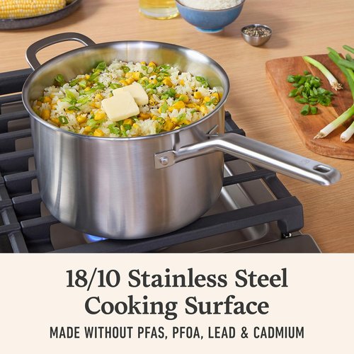 Calphalon Brushed 3-Ply Stainless Steel Cookware Set - Turbo Heat Technology, 4.5Qt Sauce Pan with Lid, Induction & Oven Safe to 450°F