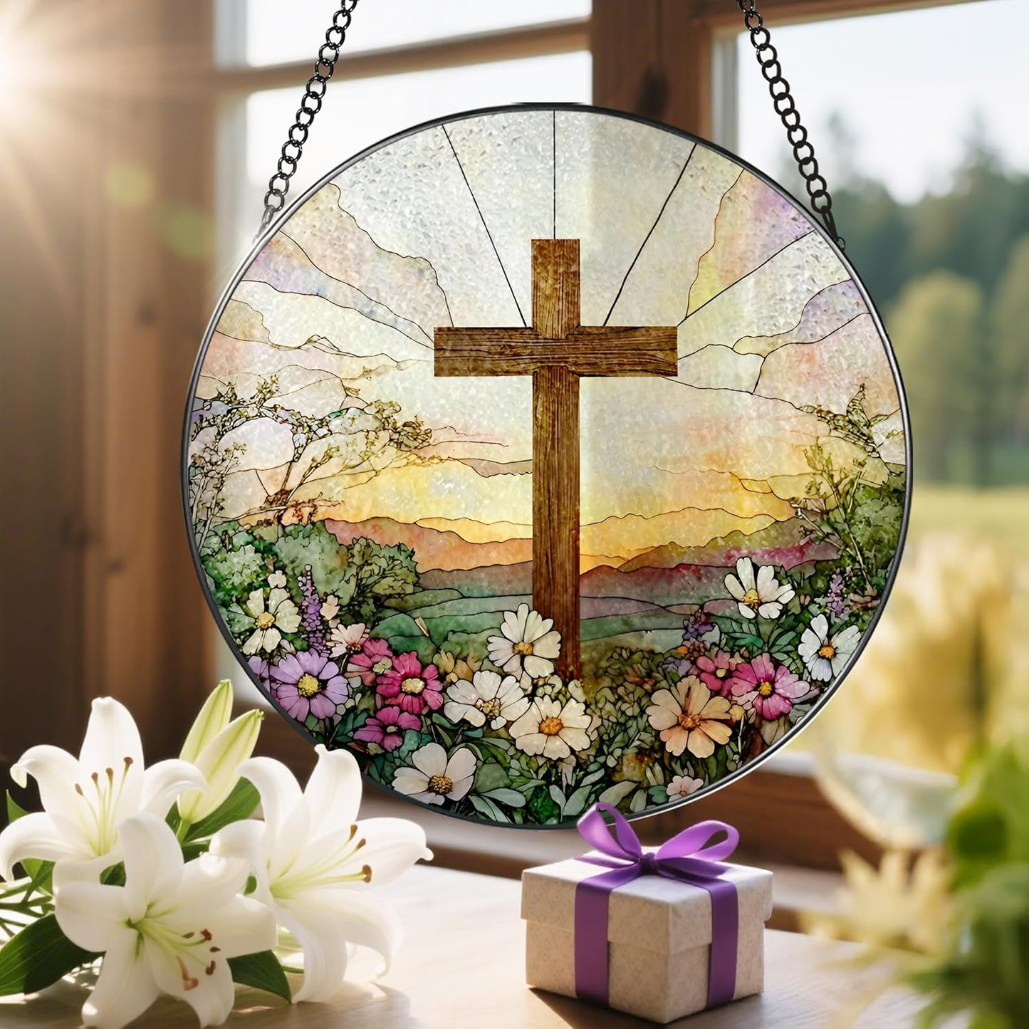 Skiennix 8-Inch Stained Glass Cross Suncatcher - Beautiful Wildflower Design for Easter & Home Decor