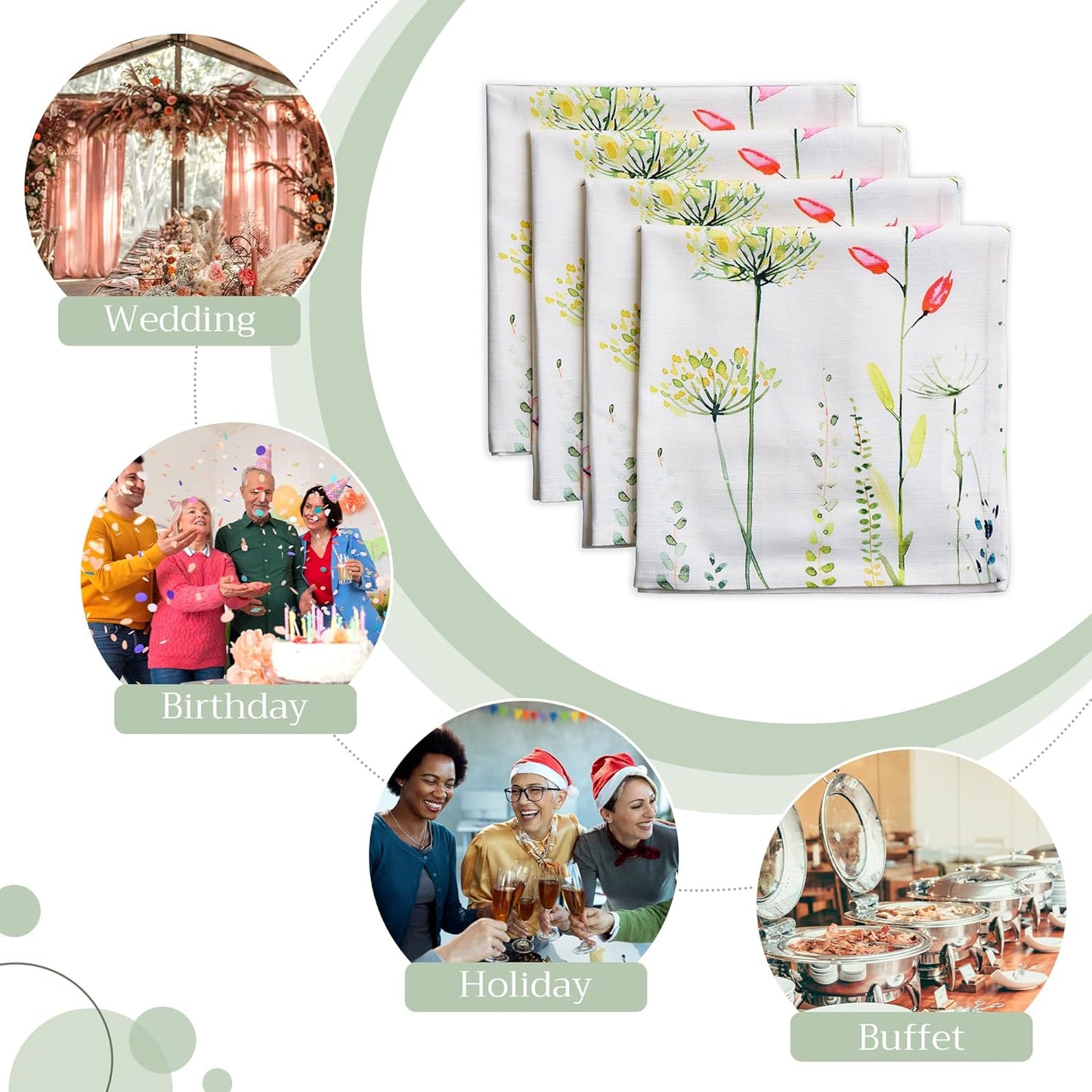 Botanical Fresh Cloth Napkins Set of 4 - 100% Cotton, Reusable & Washable, 20"x20" for Dinner, Parties & Weddings