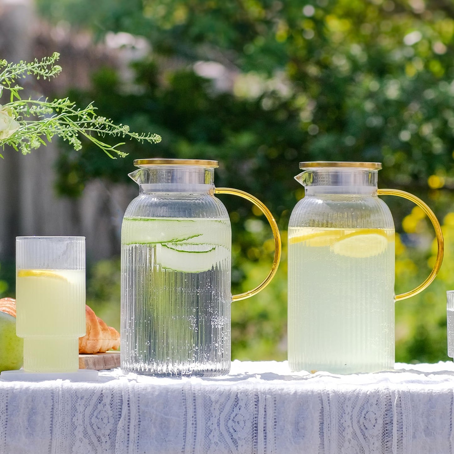2 PACK Glass Pitcher with Lid and Handle,68 oz/ 2 Liter Vertical Stripes Water Pitcher,Glass Water Carafe for Fridge,Hand Blown Heat Resistant Borosilicate Water Jug for Hot/Cold Drinks