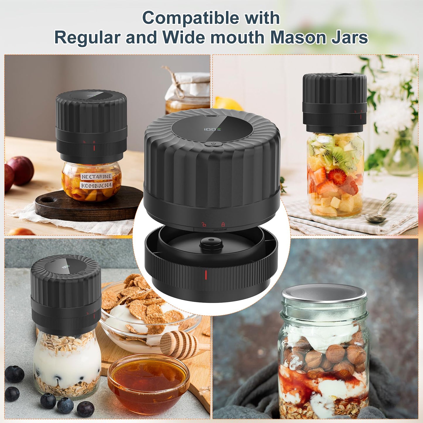 Electric Mason Jar Vacuum Sealer for Cannning&Food Storage,Led Display,All-in-One Mason Jars Vacuum Sealer Kit for Wide Mouth&Regular Mouth Jars,Cordless Vacuum Sealer for Kitchen Supplies-8 Jar Lids