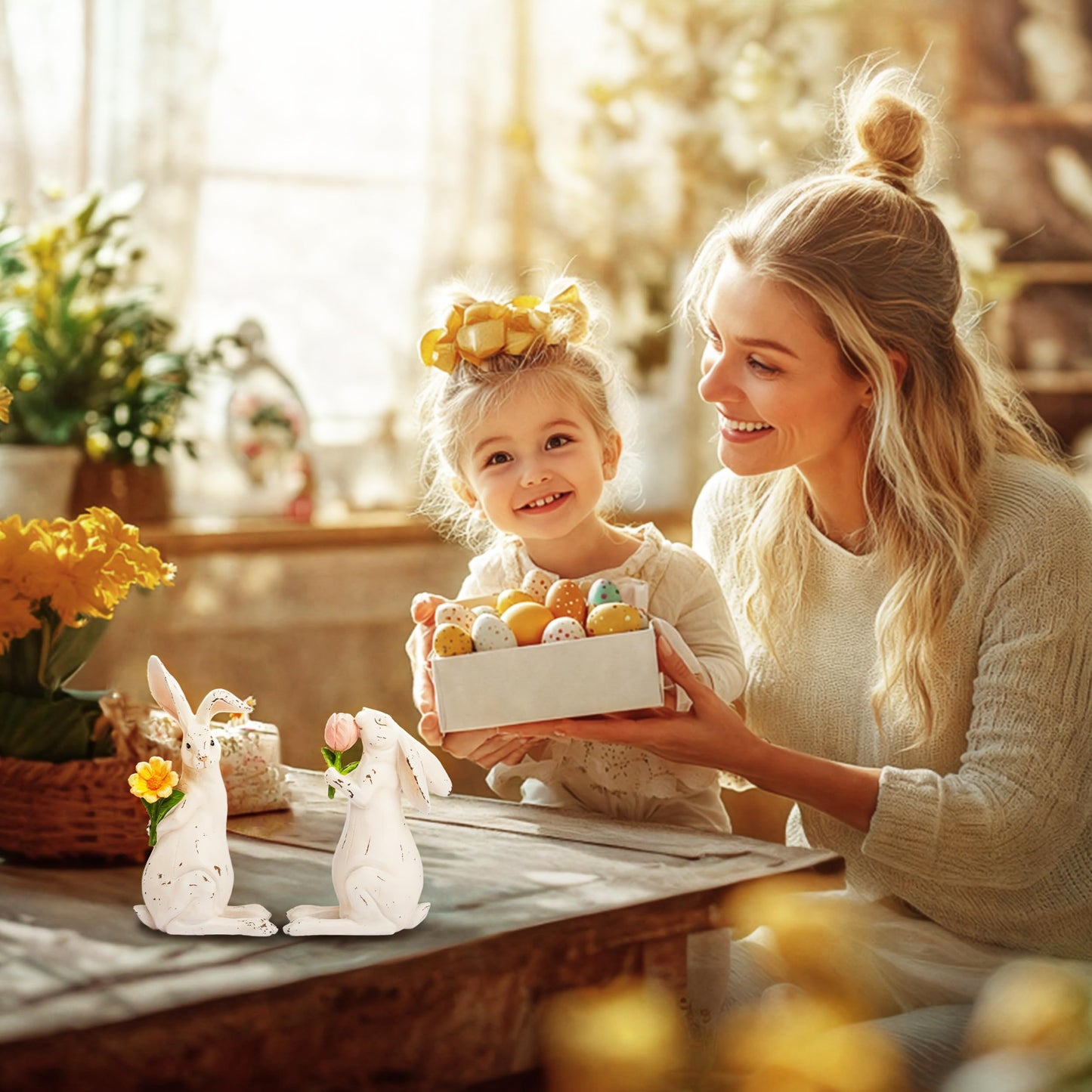 Valery Madelyn Easter Bunny Decorations for Home, Medium White Couple Rabbits Figurine Tabletop Decor, 2Pcs Cute Easter Gifts Resin Statues for Spring Holiday Indoor Party Table Centerpieces, 6"