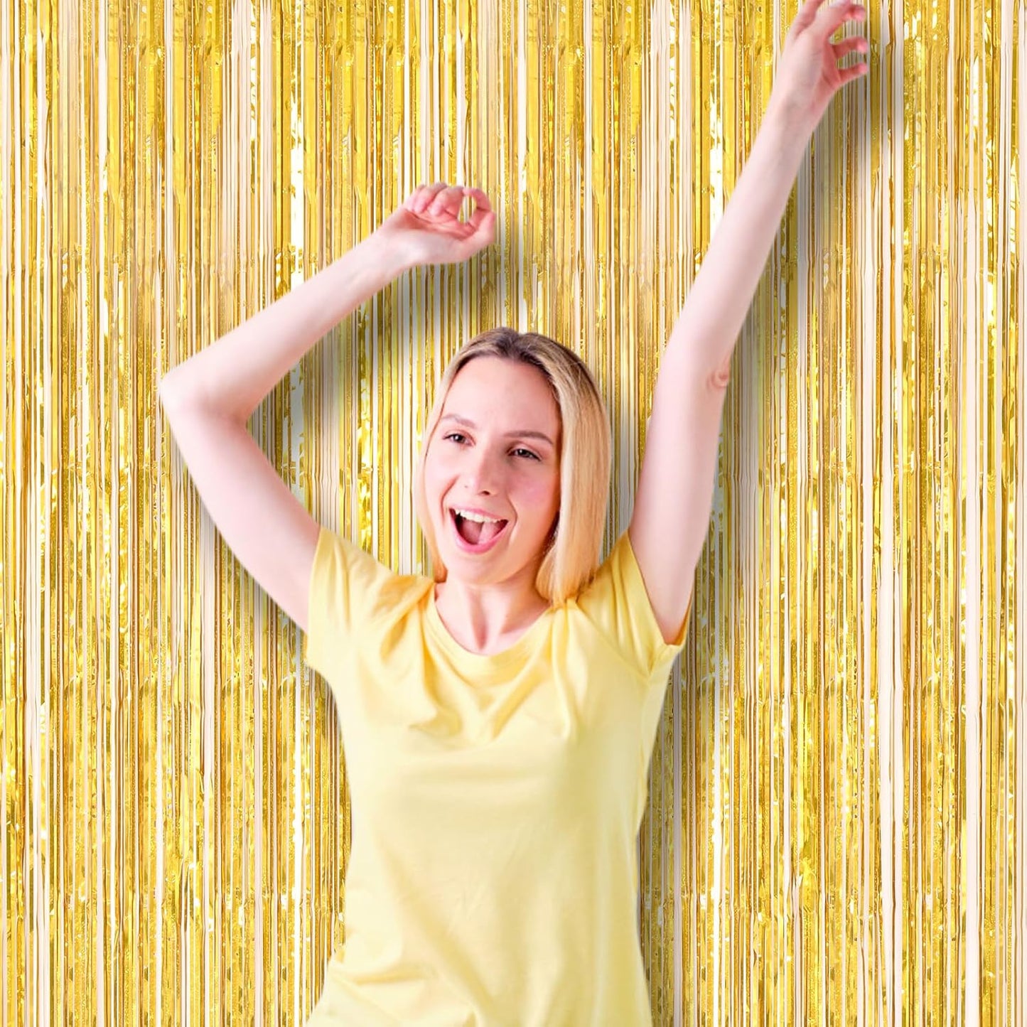 Voircoloria Laser Gold Foil Fringe Backdrop Curtains - 3 Pack Tinsel Streamers for Parties | 3.3 x 8.2 ft