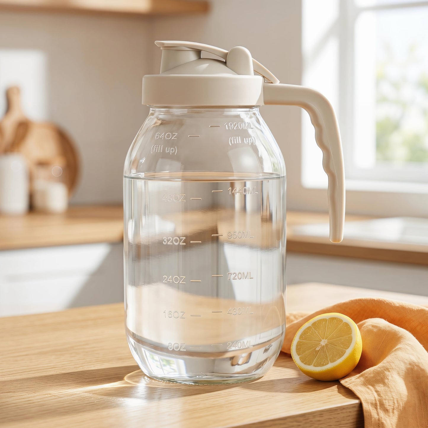 YORY 2 Quart Glass Pitcher with Filter Lid Airtight Cold Water Jug for Lemonade Tea Juice Milk Iced Coffee Fruit Drinks Airtight,64 oz