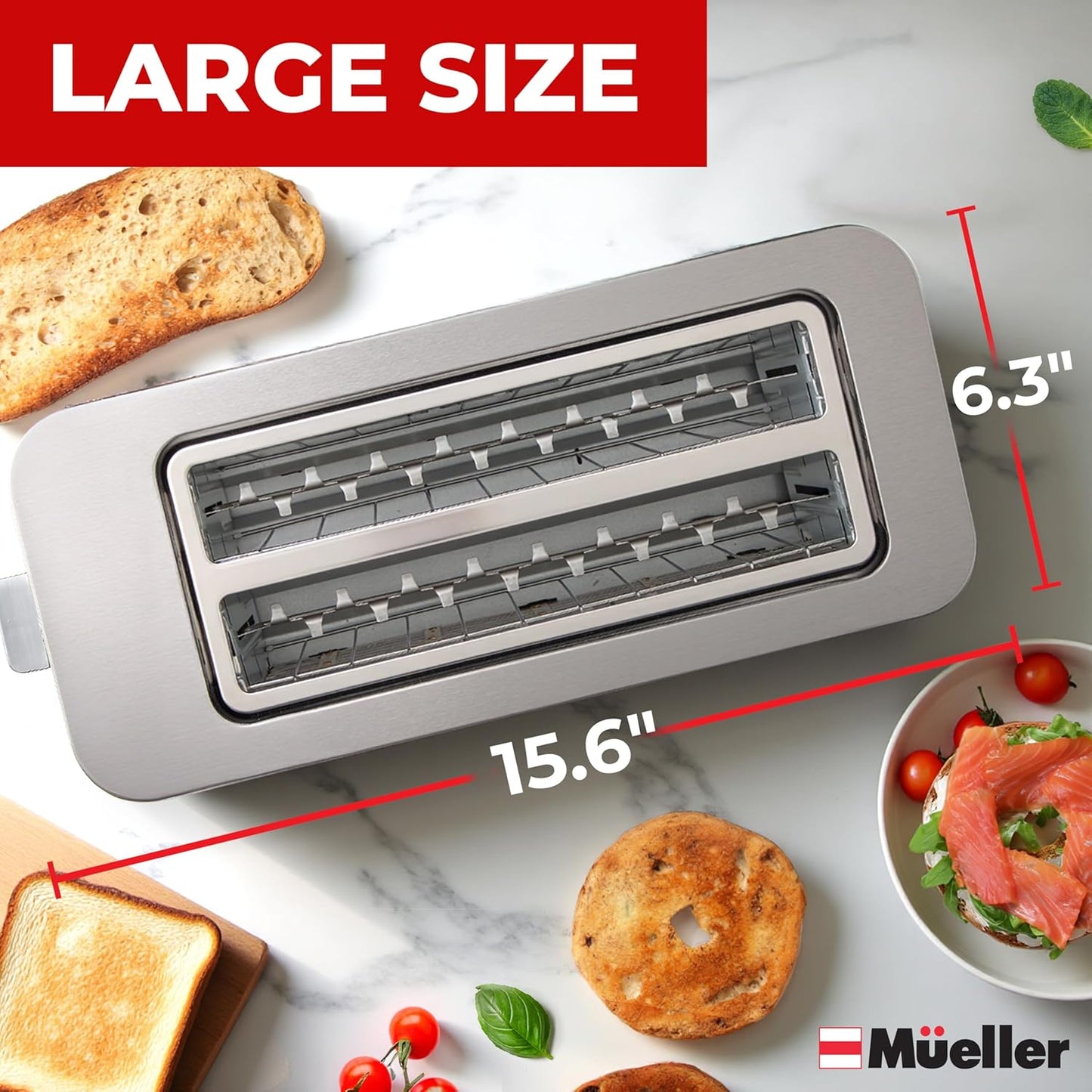 Mueller UltraToast 4-Slice Stainless Steel Toaster - Extra-Wide Slots for Artisan Bread & Bagels, 6 Browning Levels, LED Display