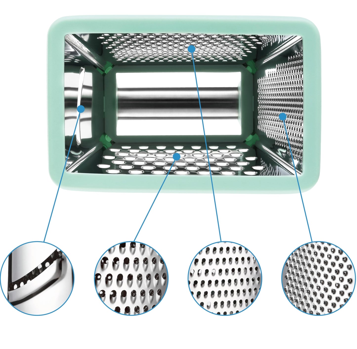 Spring Chef Professional Cheese Grater - Stainless Steel Box Grater for Kitchen, XL Size - Perfect 4 Sided Shredder for Parmesan Cheese, Vegetables, Ginger - Dishwasher Safe - Mint