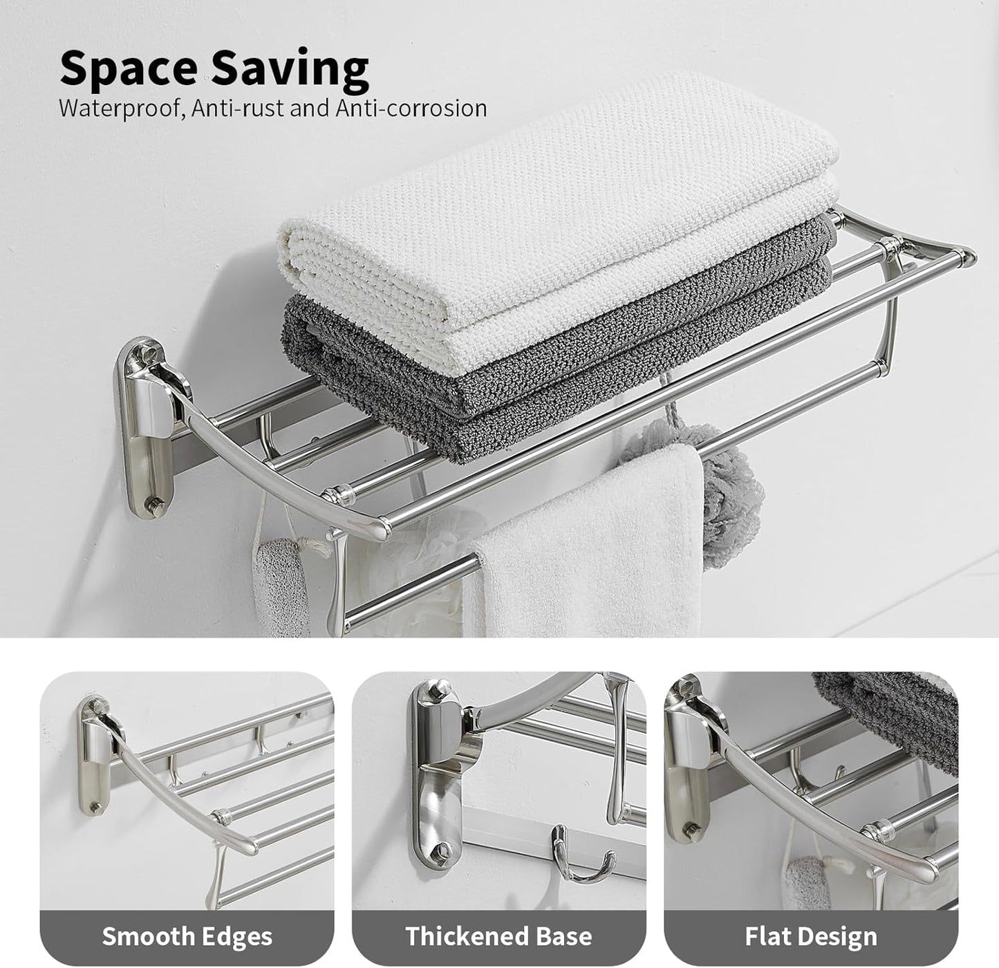 BESy 24 Inch Brushed Nickel Towel Racks, Bathroom Towel Shelf with Foldable Towel Bar Holder and Towel Hooks, Wall Mounted Multifunctional Bathroom Accessories, Double Towel Bars