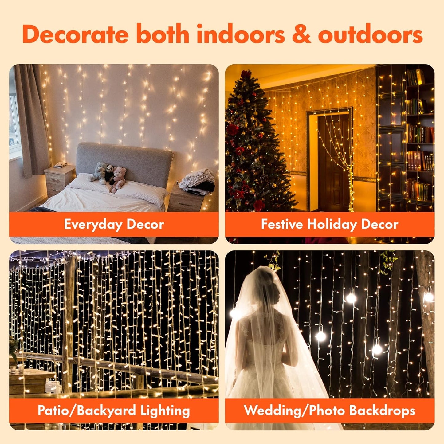 300 LED Twinkle Star Curtain String Lights - Warm White for Wedding, Home & Garden Decor