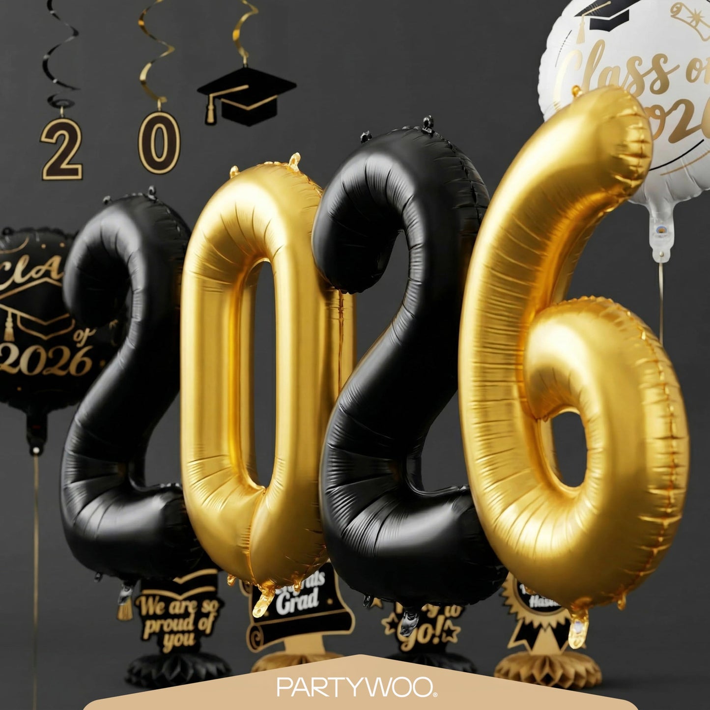 PartyWoo Graduation Balloons Class of 2026 Black White Gold 12pcs Balloons 40 Inch 2026 Foil Number Balloons 18 Inch Congrats Grad Mylar Balloons for Black White Graduation Decorations Party Supplies